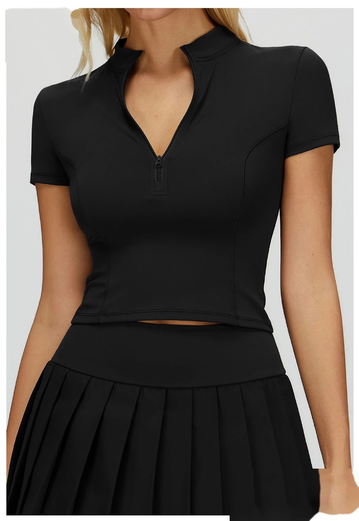 Custom Women’s Naked-Feel Running Top - Stand-Collar Zipper Tight Fitness Yoga Short Sleeve T-Shirt detail