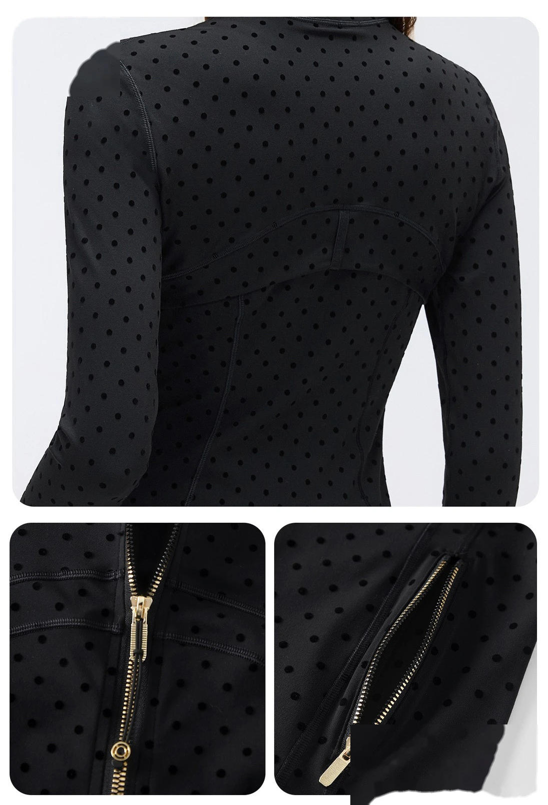 Bulk Custom Yoga Sports Set - Polka Dot Tummy Control Leggings & Slimming Stand Collar Workout Jacket detail