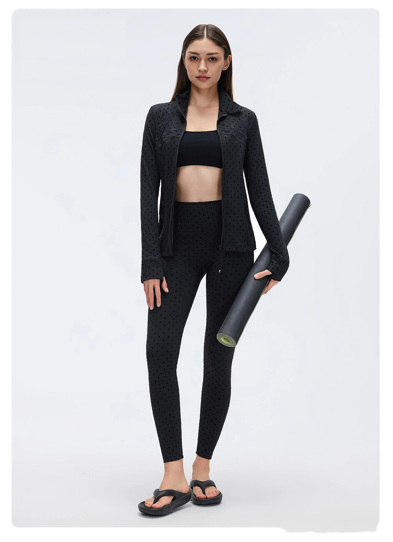 Bulk Custom Yoga Sports Set - Polka Dot Tummy Control Leggings & Slimming Stand Collar Workout Jacket detail