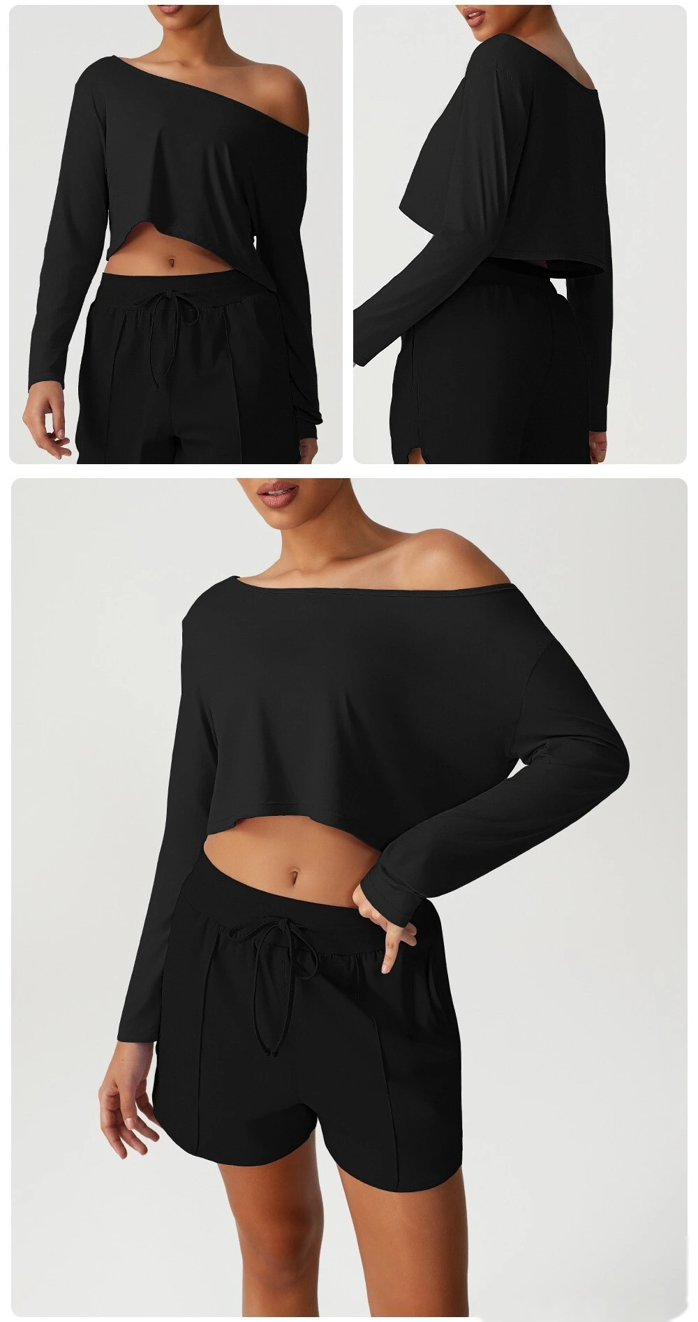 Customized diagonal shoulder long sleeve sports and leisure top high elastic loose T-shirt yoga fitness suit detail