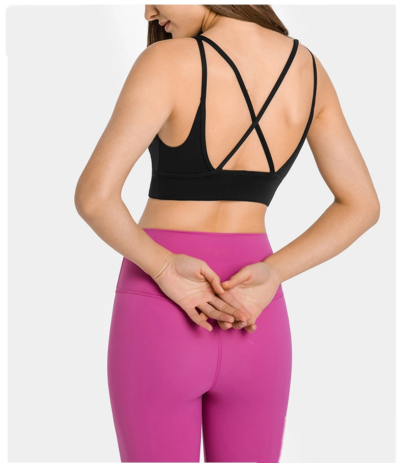 Womens sports bras V neck criss cross strappy gym workout bra detail