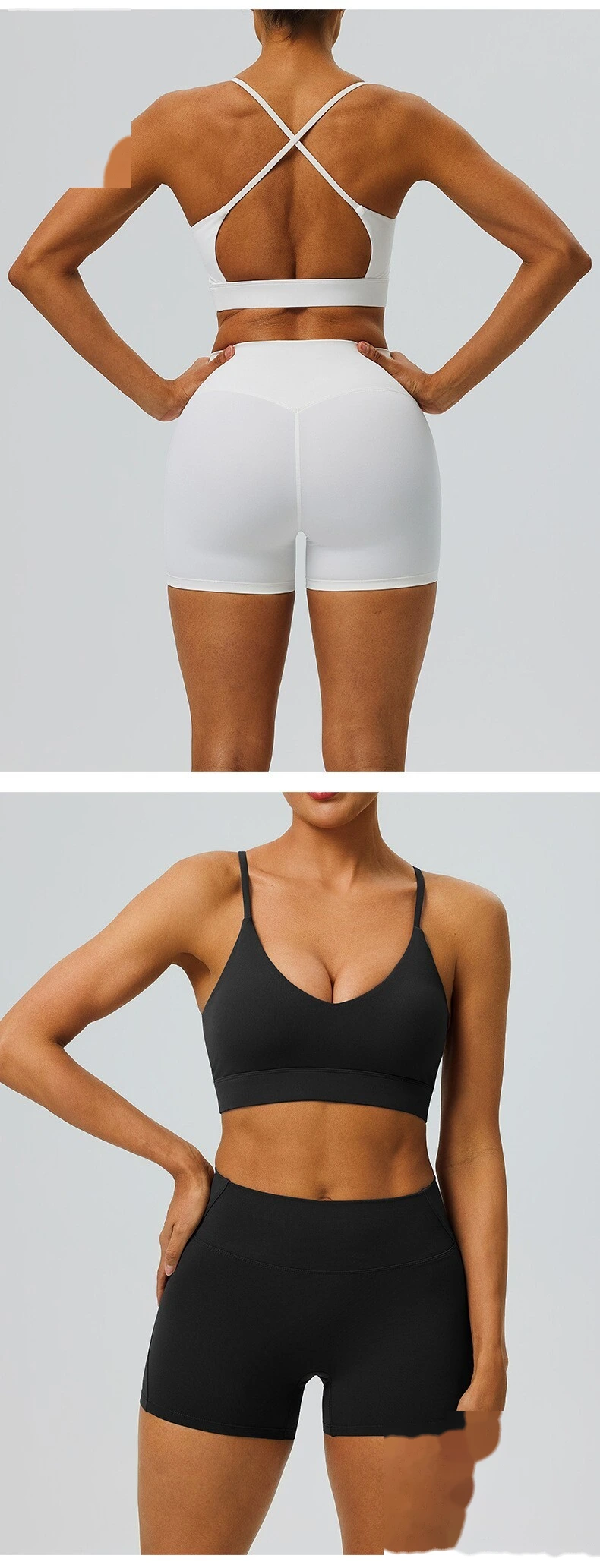 Custom Women’s Breathable Quick Dry Active Set Beauty Back Sports Bra High Waist Gym Shorts Fitness 2 Piece Outfit detail