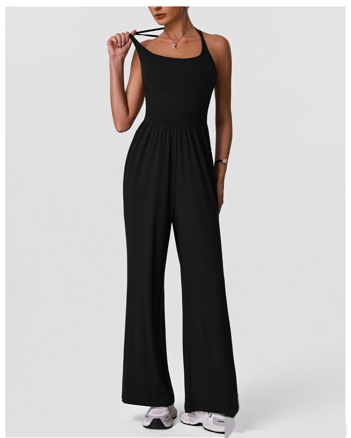 Women’s Halter Hollow Beauty Back Yoga Jumpsuit Casual Wide Leg One Piece Sportswear With Built-in Pads detail