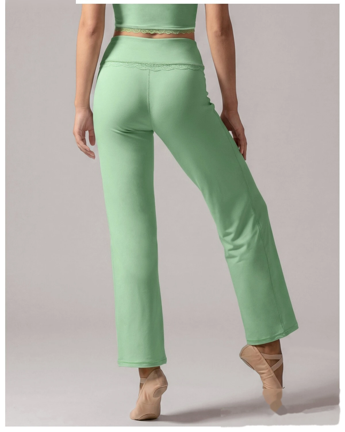 Custom 2 Piece Yoga Set, Lace Spliced Top & Straight Wide Leg Pants, Soft Stretch Activewear Outfit for Dance Training detail