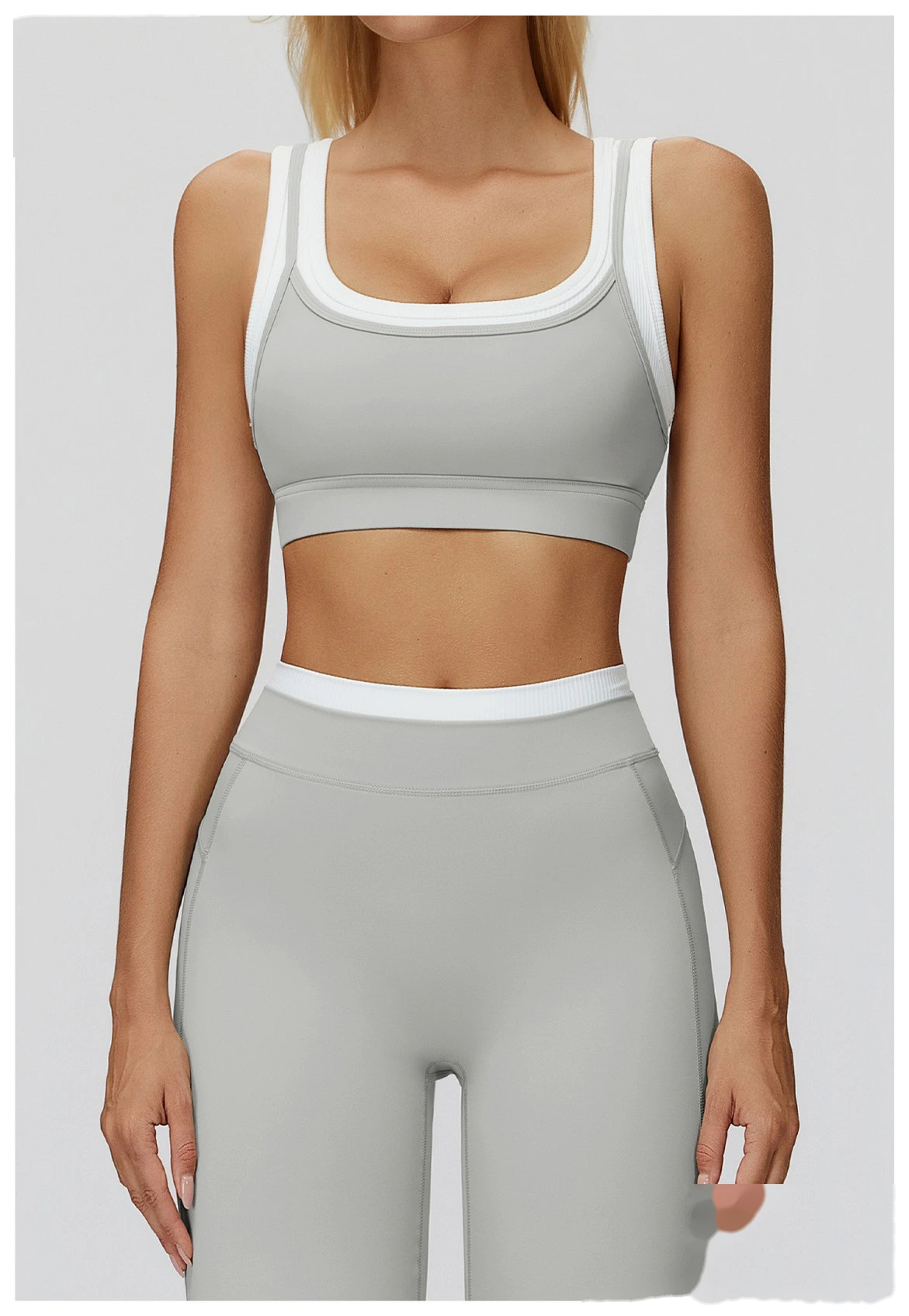 Customizable Naked-Feel Yoga Bra | Women's Fake Two-Piece Ribbed Contrast, Fitness & Running Style detail