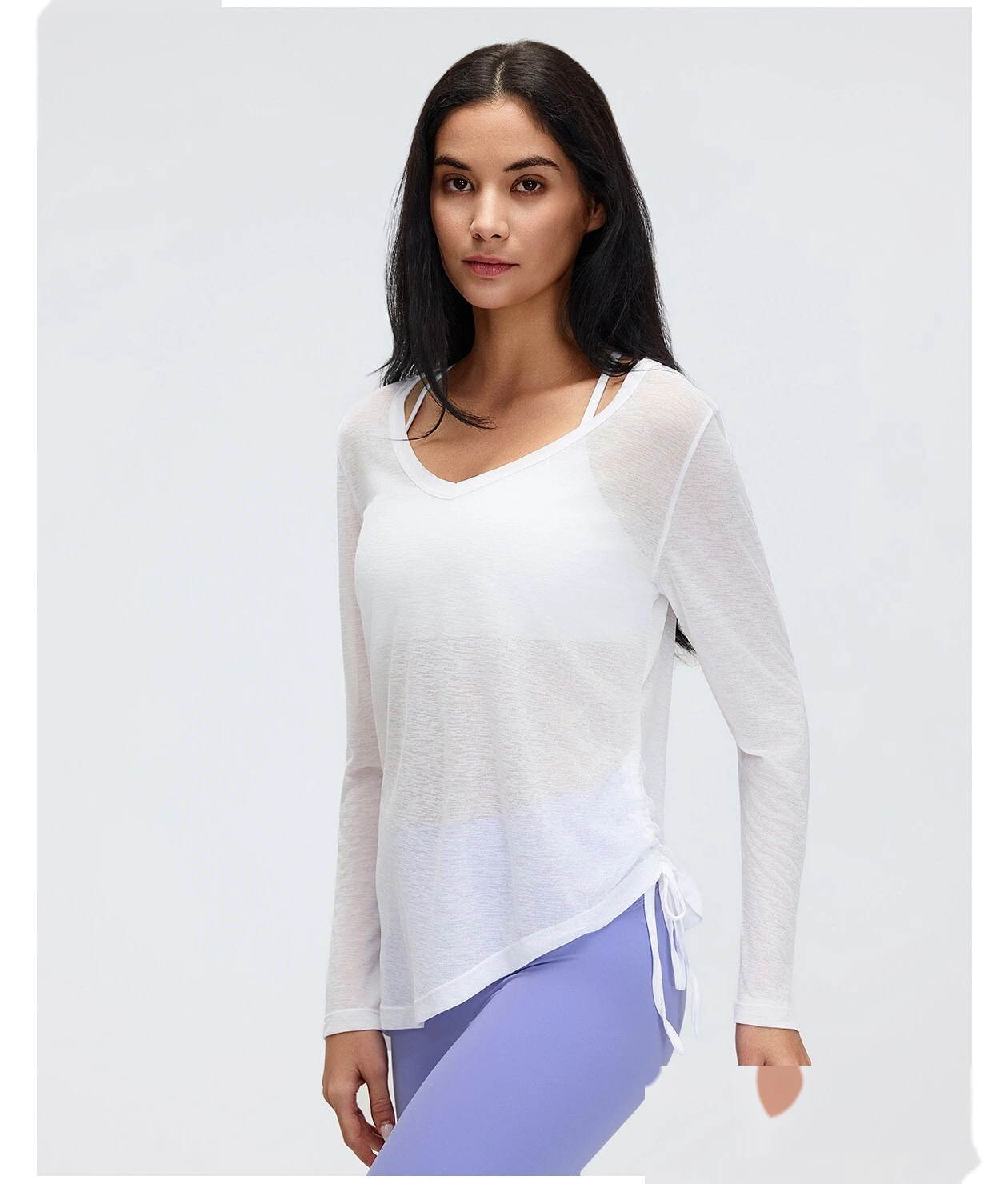 Women’s V-Neck Long Sleeve Yoga Shirt Drawstring Waist Slim Fit Casual Sports Tee Loose Cover Up detail