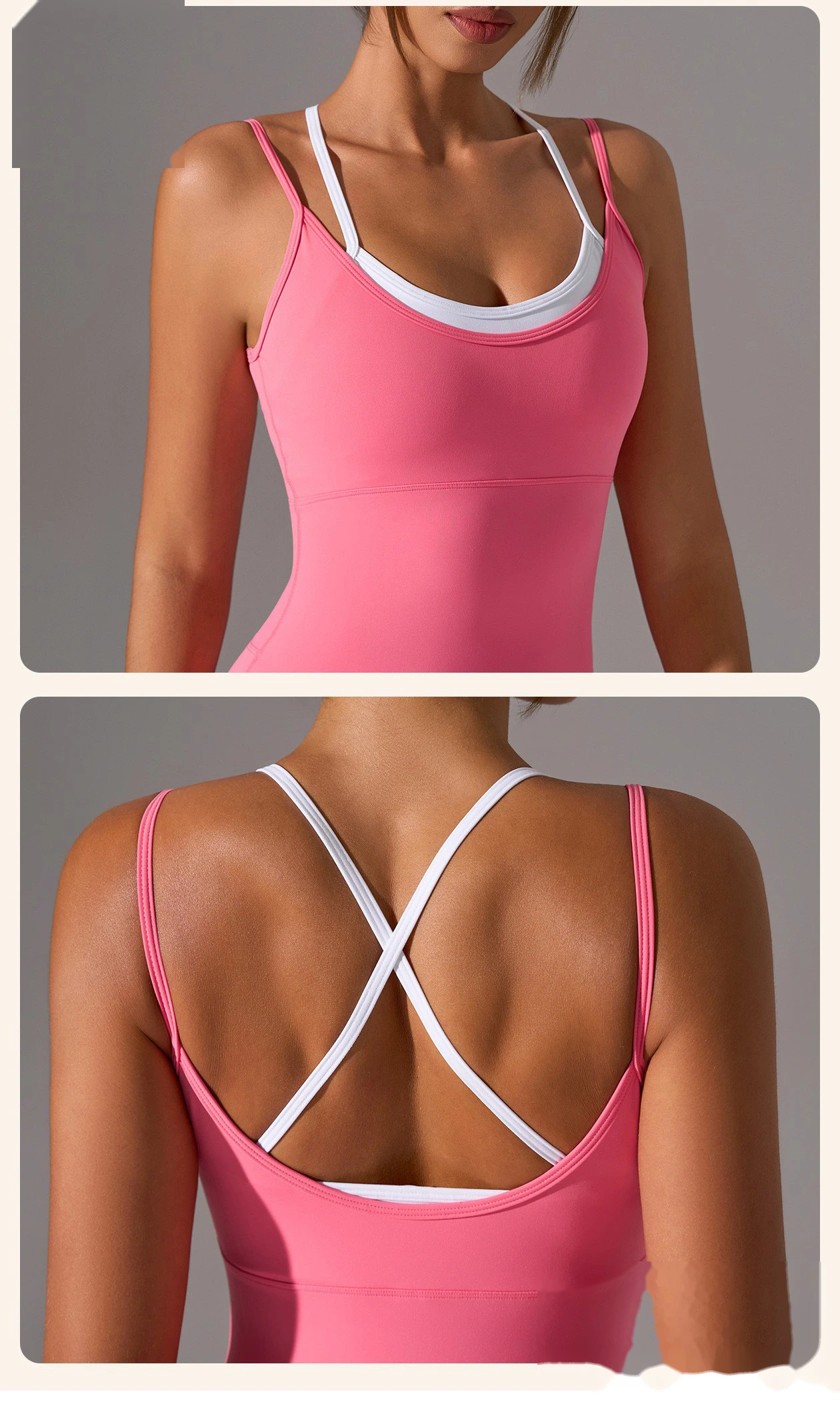 Custom Women’s Fake Two Piece Design Yoga Bodysuit Sexy Beauty Back Slim Fit Workout Jumpsuit detail