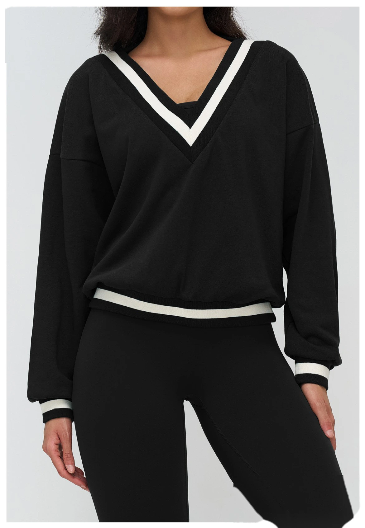 Bulk Custom V-Neck Casual Hoodie - Color Block Loose Fit Outdoor Sports Running Sweatshirt detail