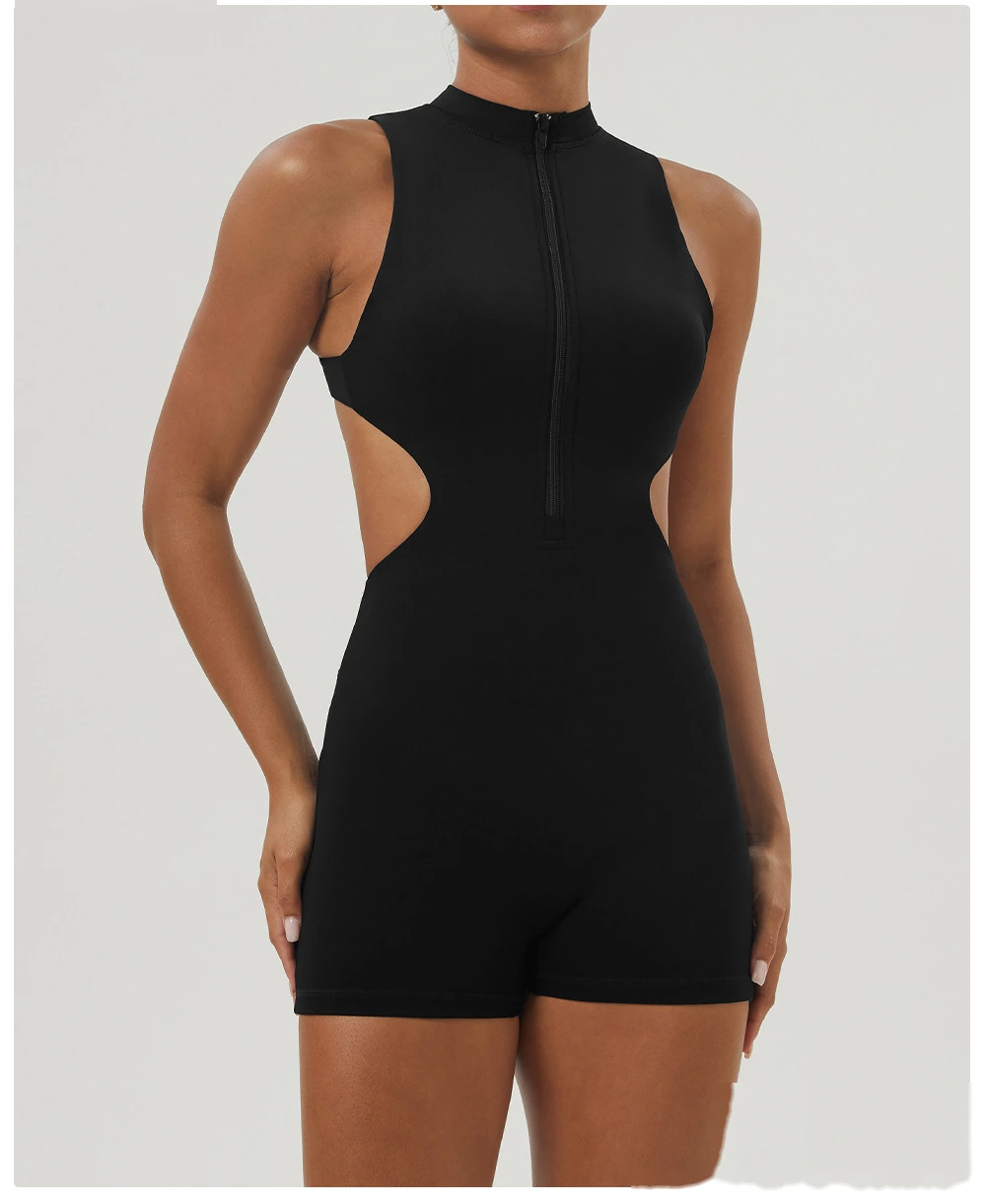 Customized sexy yoga jumpsuit shaping slim zipper stand collar sports jumpsuit shorts fitness suit detail