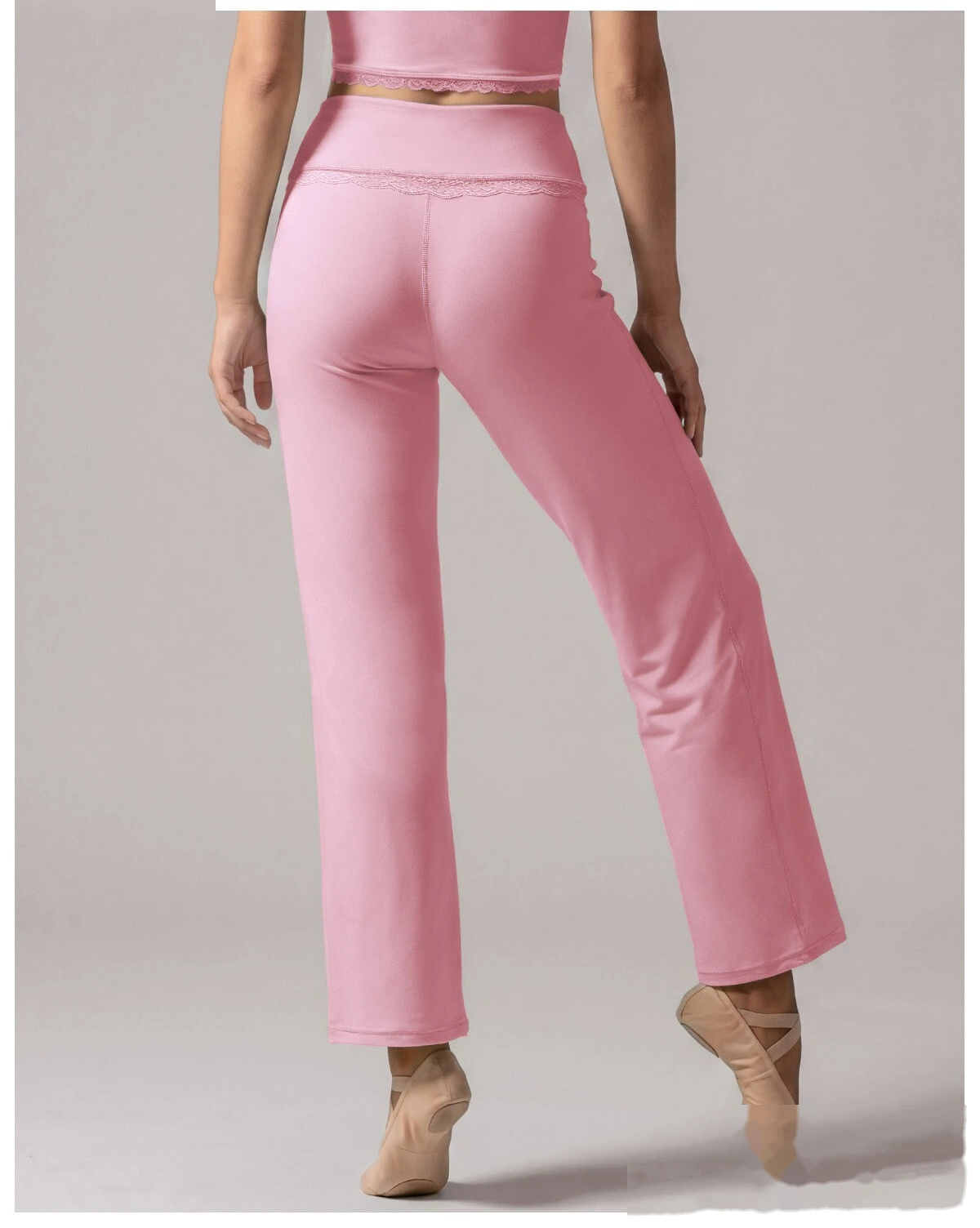 Custom 2 Piece Yoga Set, Lace Spliced Top & Straight Wide Leg Pants, Soft Stretch Activewear Outfit for Dance Training detail