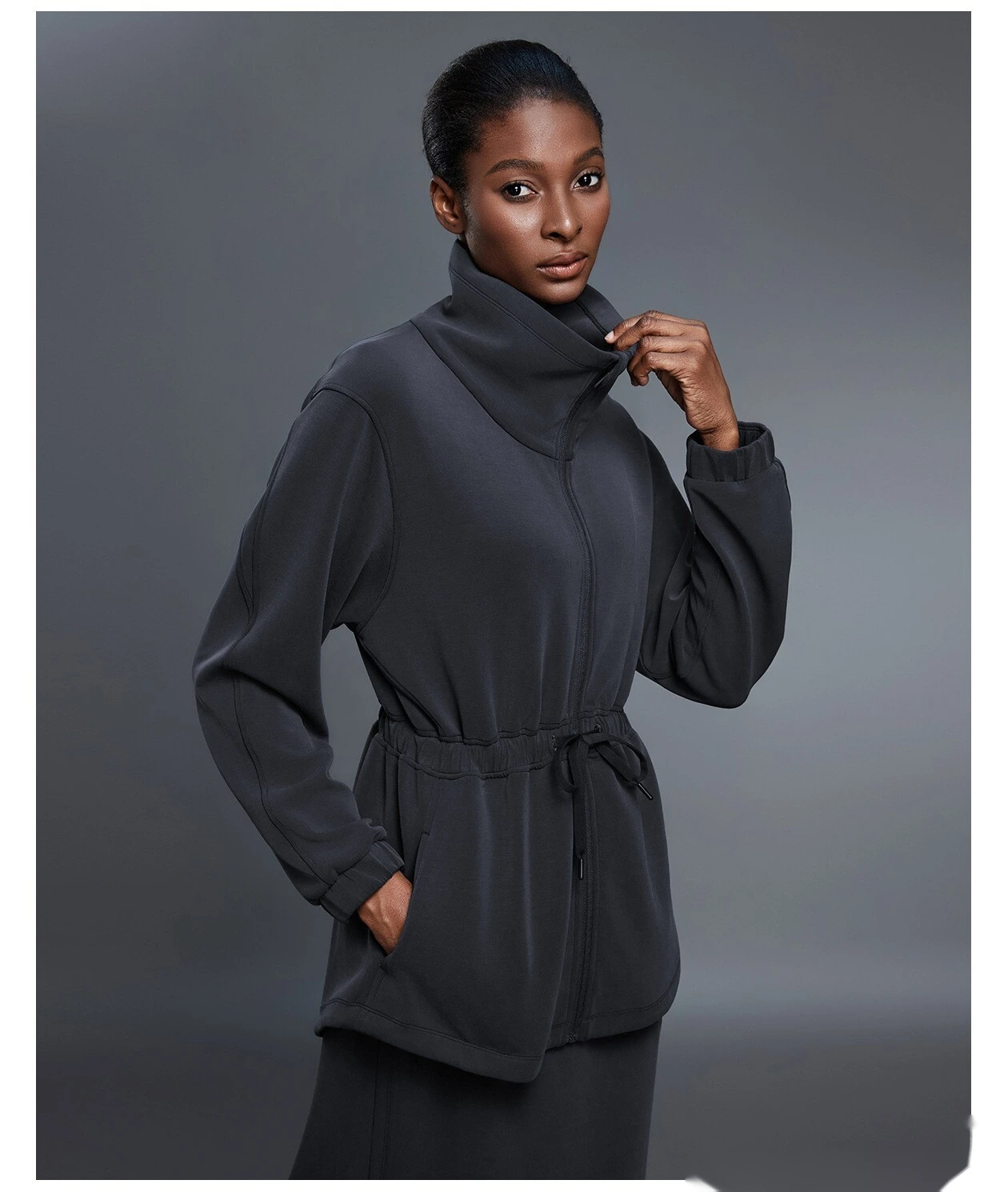 Custom-made long coat women's drawstring waist jacket leisure commuter sports windbreaker detail