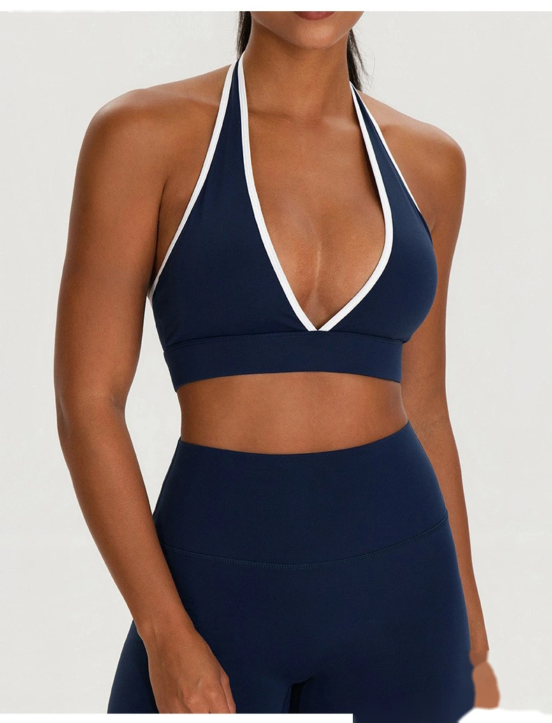 Custom Women’s V Neck Halter Color Block Yoga Bra Naked Feeling Workout Fitness Sports Bra detail