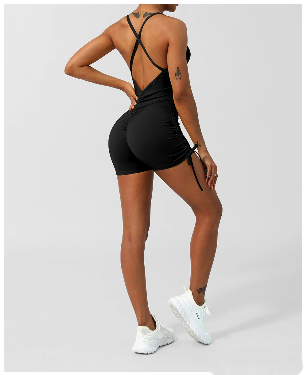 Custom-made European and American thin ribbon cross back yoga clothes tight shorts jumpsuit with chest pad detail