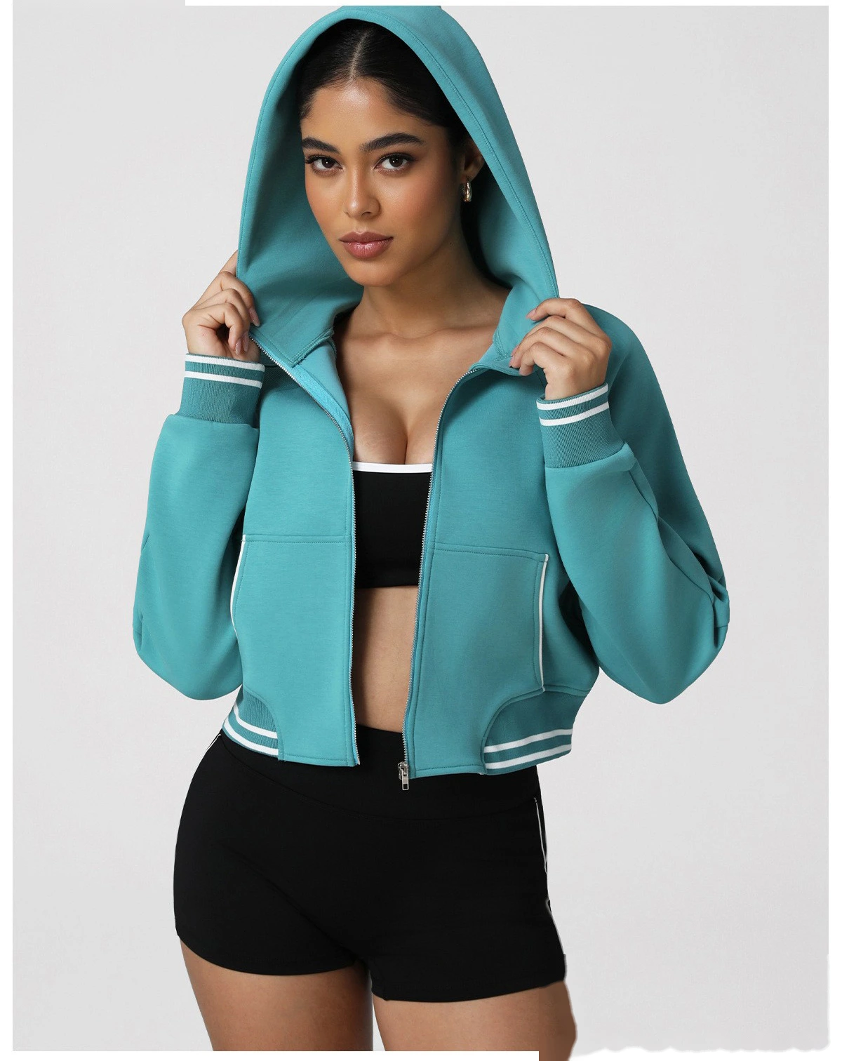 Women's Custom Thickened Color-Block Hooded Jacket for Autumn-Winter | Warm, Ideal for Yoga & Fitness detail