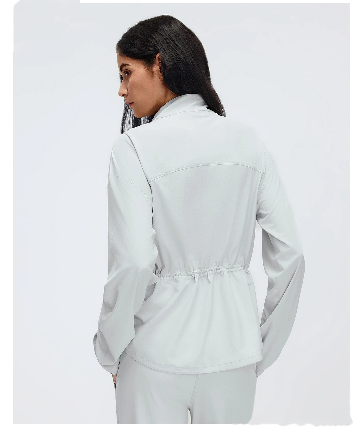 Custom Women’s Stand Collar Sports Jacket Slim Waist Loose Fit Workout Yoga Running Outerwear detail