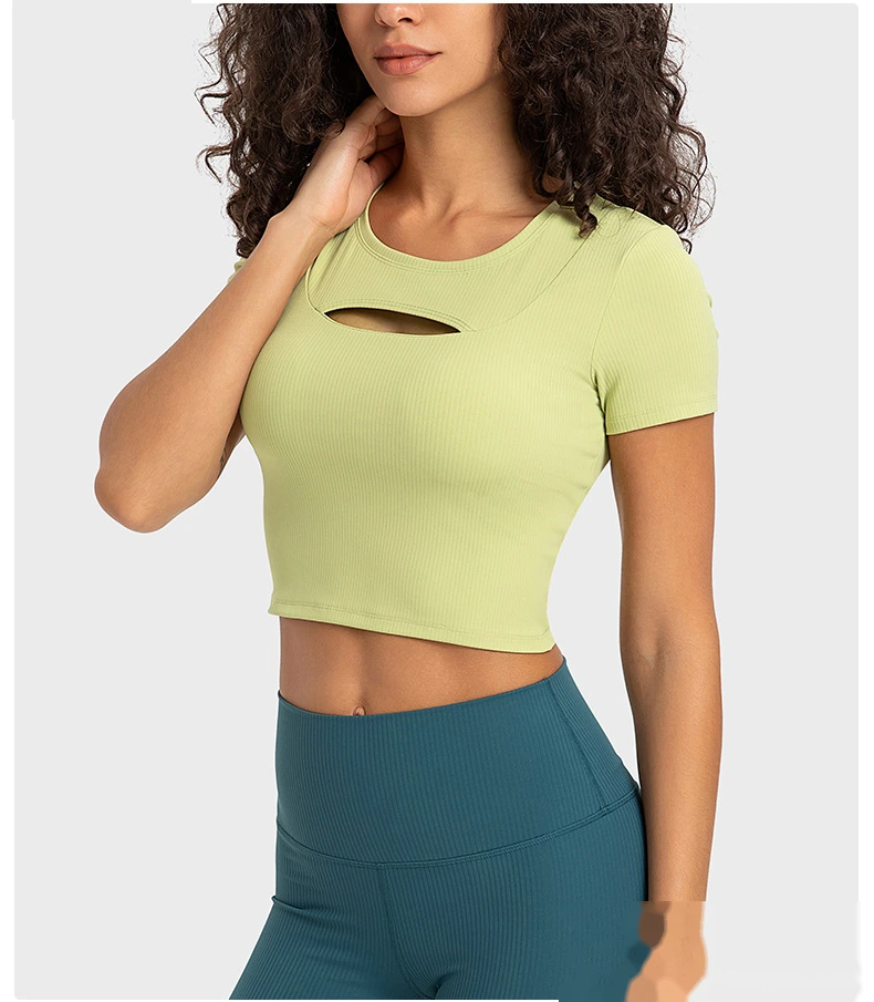 Customized rib sexy hollow short sports T-shirt women with chest pad slim yoga short sleeves detail