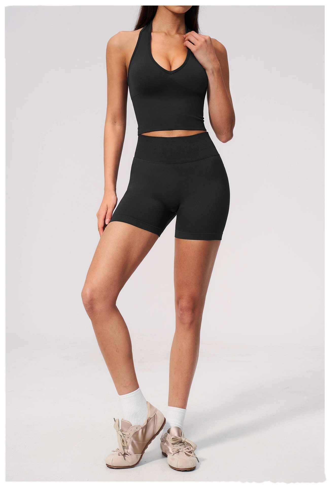 Custom Logo Seamless Sports Two Piece Set, Halter Neck V Front Yoga Top, High Waist Tummy & Hip Shaping Fitness Suit detail