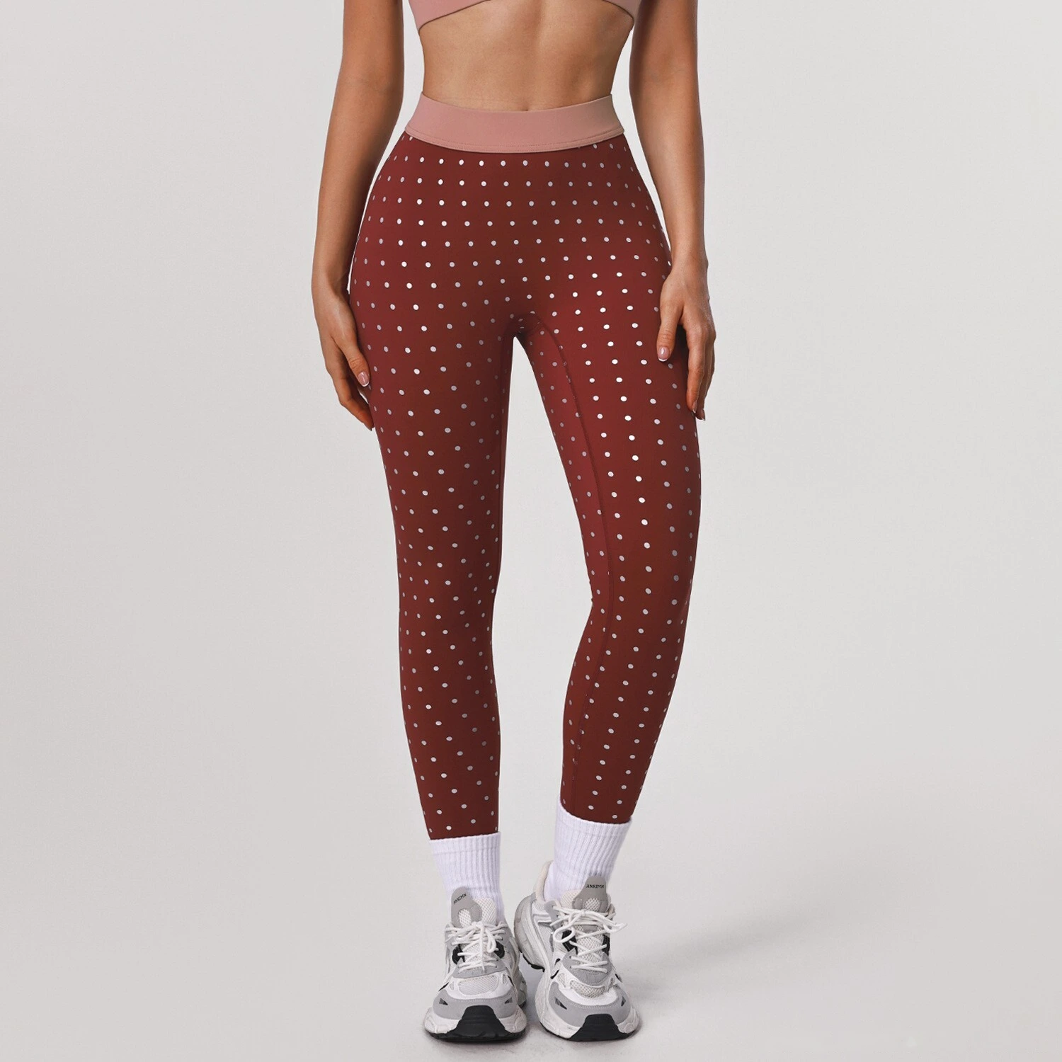 Bulk Custom Polka Dot Print Yoga Tights - High-Stretch Nude Feel 7/8 Leggings for Gym Outdoor Running Fitness detail