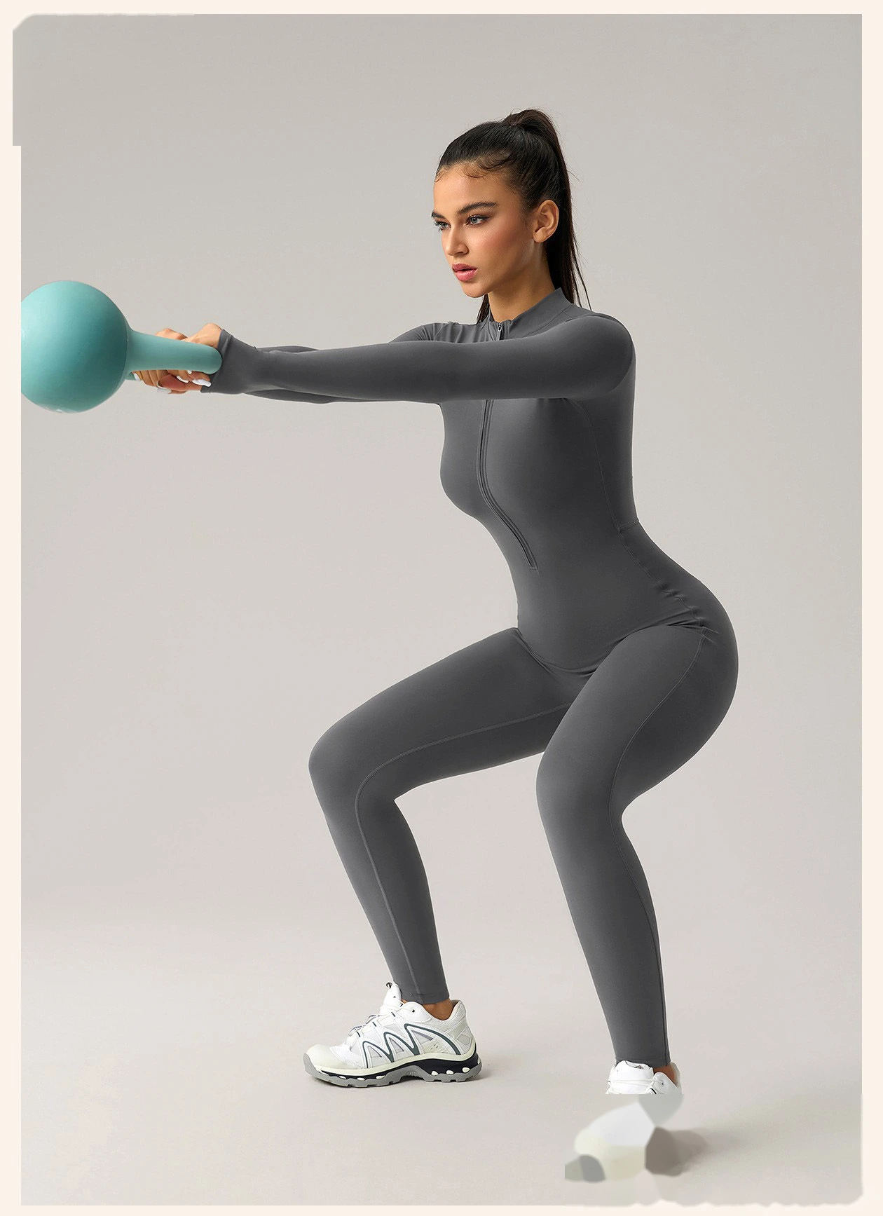 Women’s High Stretch Long Sleeve Half Zip Fitness Jumpsuit Slim Fit Butt Lifting Yoga Workout Bodysuit detail