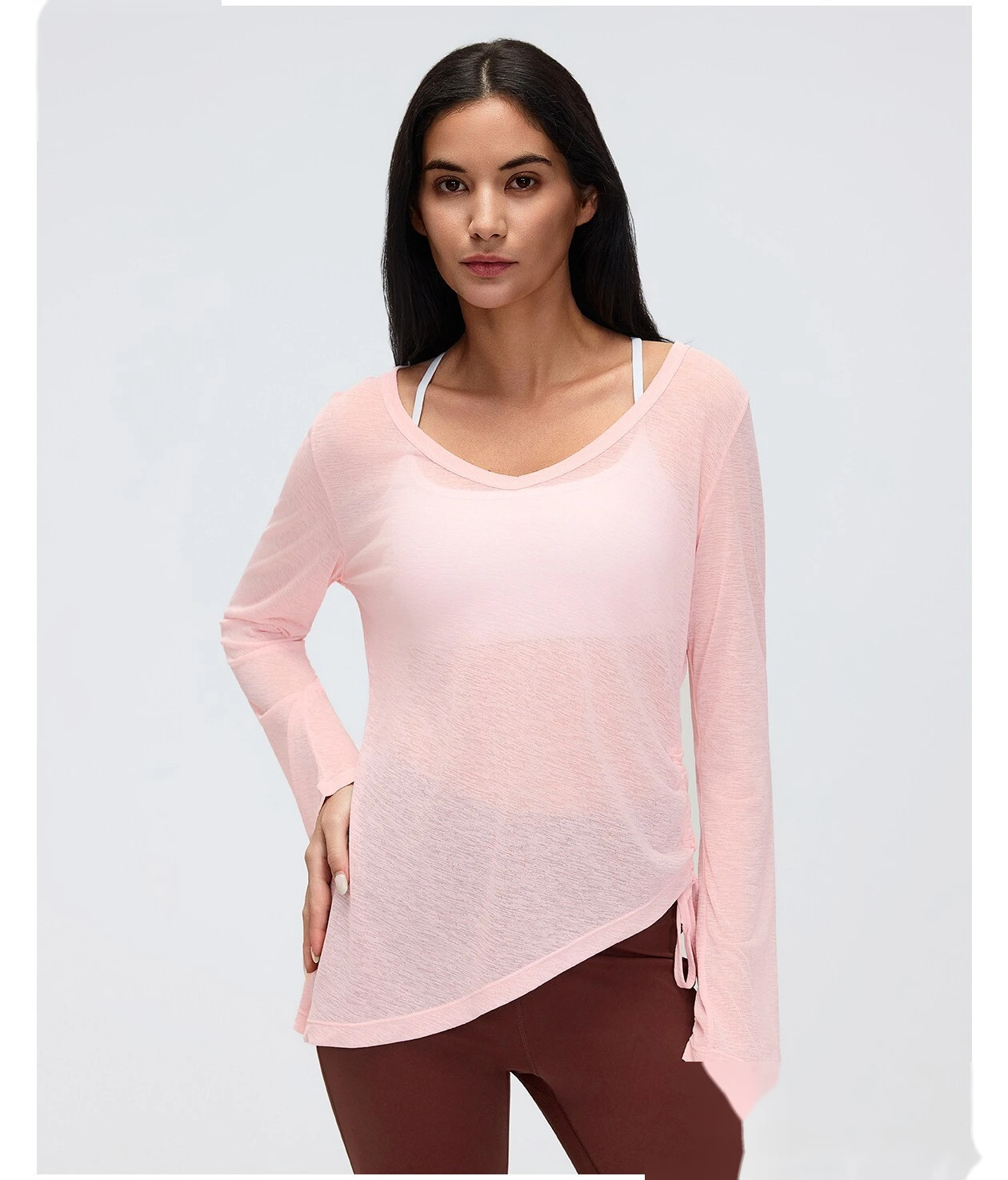 Women’s V-Neck Long Sleeve Yoga Shirt Drawstring Waist Slim Fit Casual Sports Tee Loose Cover Up detail