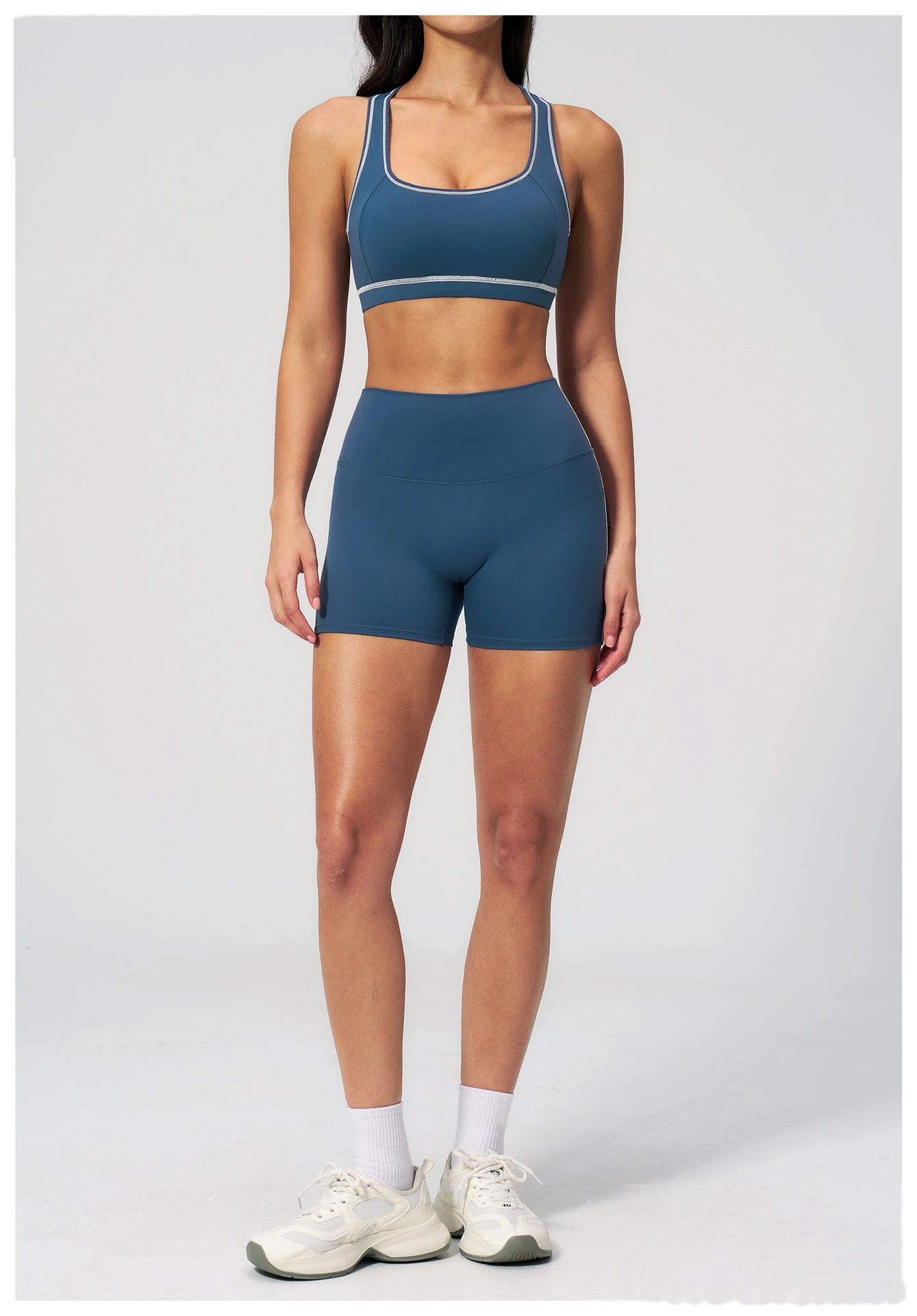 European American Style Color Block Yoga Bra & Hip Lifting Shorts Set, Women 2 Piece Fitness Activewear detail
