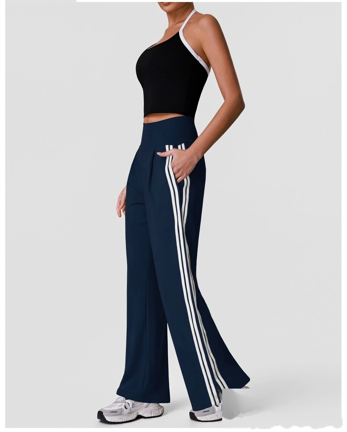 Halter Padded Sports Vest & Color Block Striped Wide Leg Pants Set for Women, Fitness Running Workout Suit detail