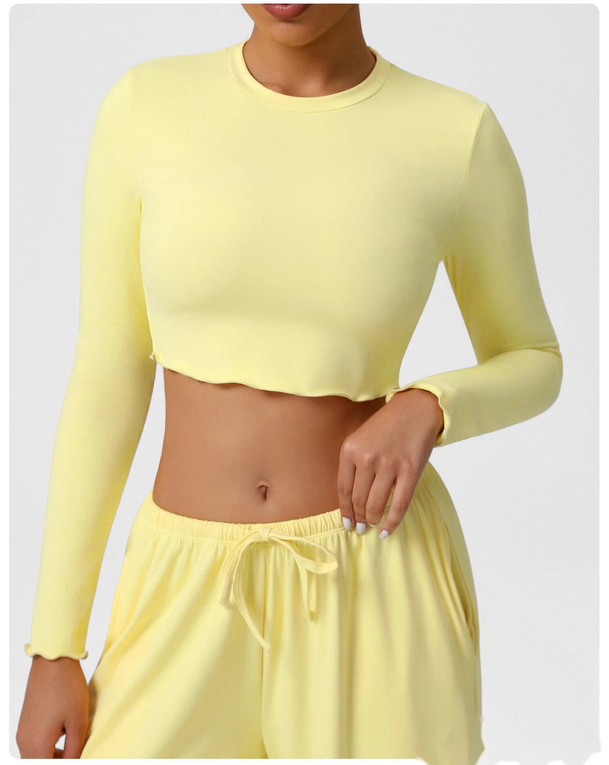 Customize the new yoga fitness suit skin-friendly breathable short slim slimming sports long sleeve T-shirt. detail