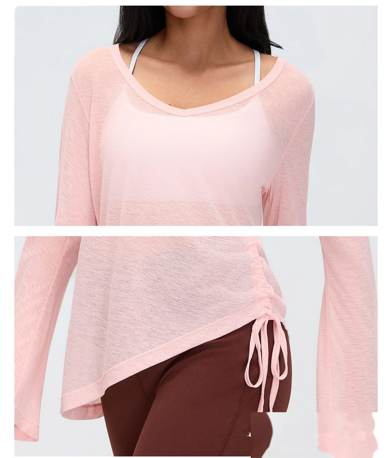 Women’s V-Neck Long Sleeve Yoga Shirt Drawstring Waist Slim Fit Casual Sports Tee Loose Cover Up detail