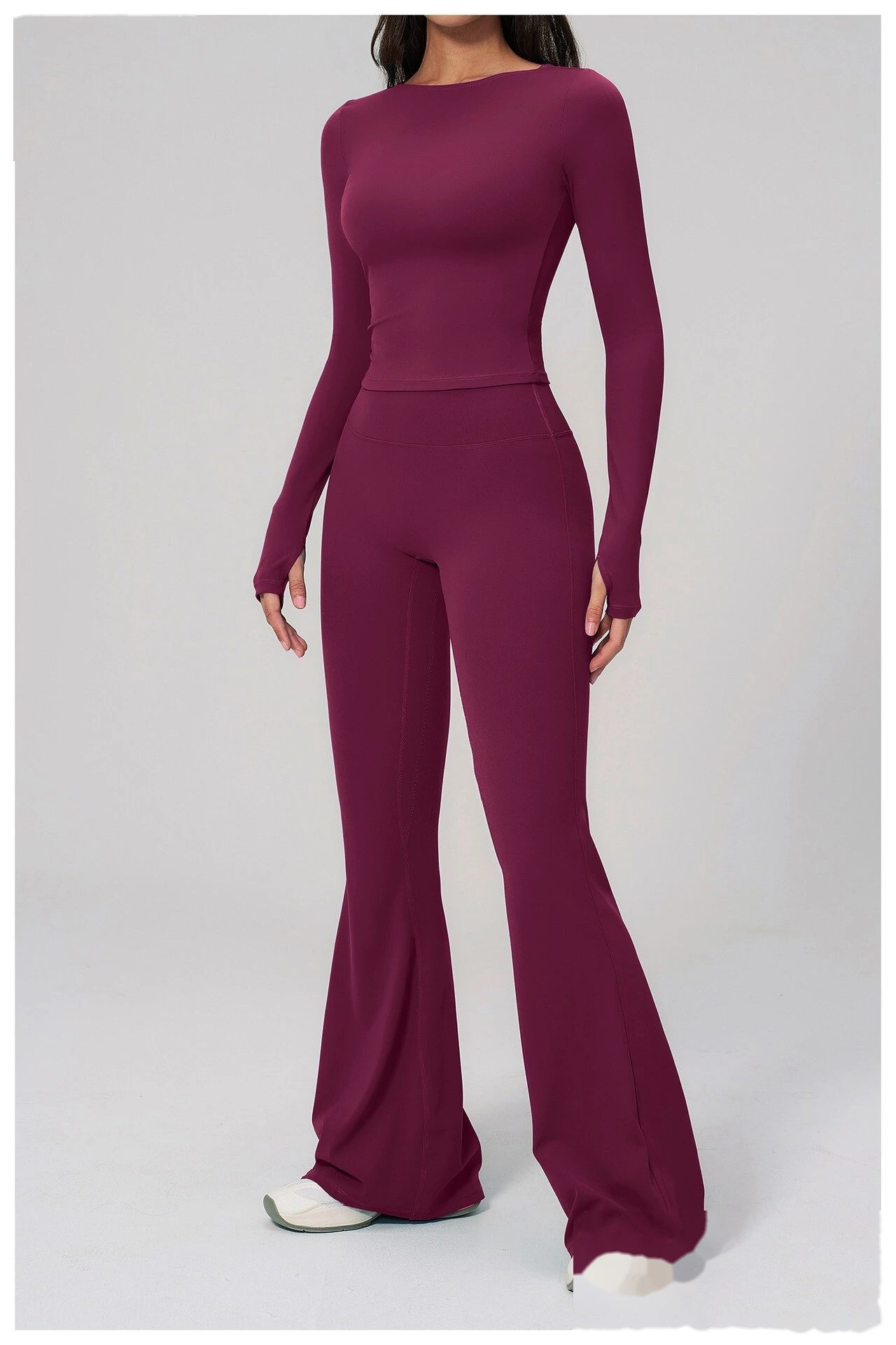 Women's Custom European Style Long Sleeve Sports Top High Waist Slim Hip Lifting Flared Pants Yoga Fitness Set detail