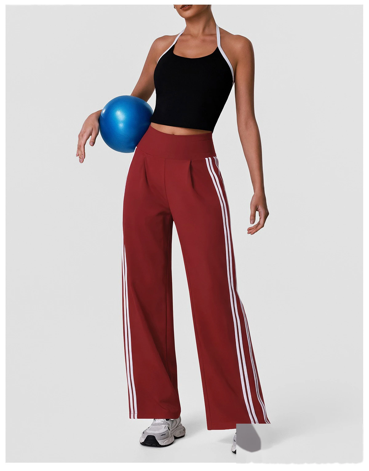 Halter Padded Sports Vest & Color Block Striped Wide Leg Pants Set for Women, Fitness Running Workout Suit detail
