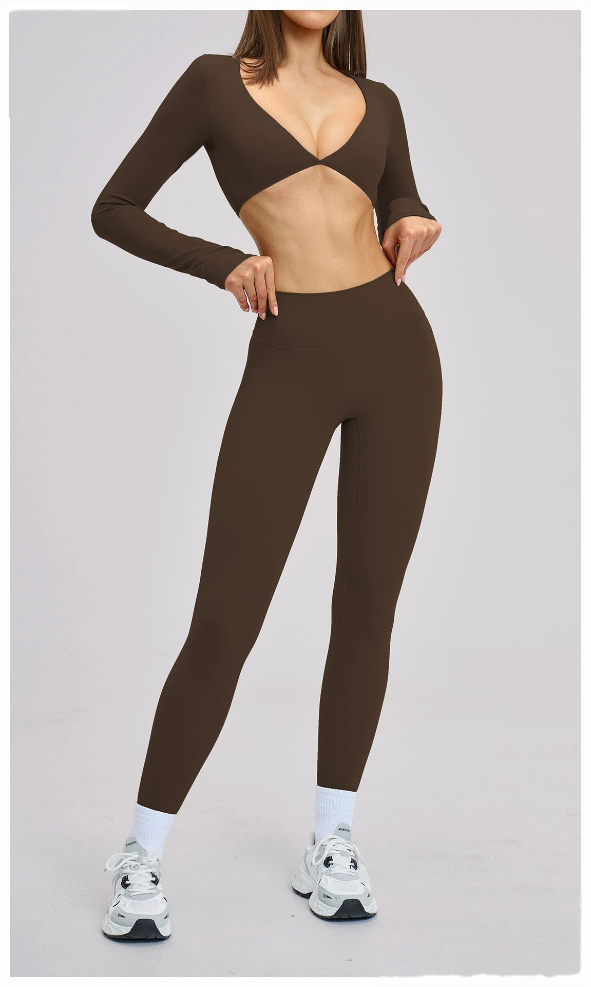 Women’s Custom Long Sleeve V-Neck Cropped Yoga Top Outdoor Fitness Workout Running Active Set detail