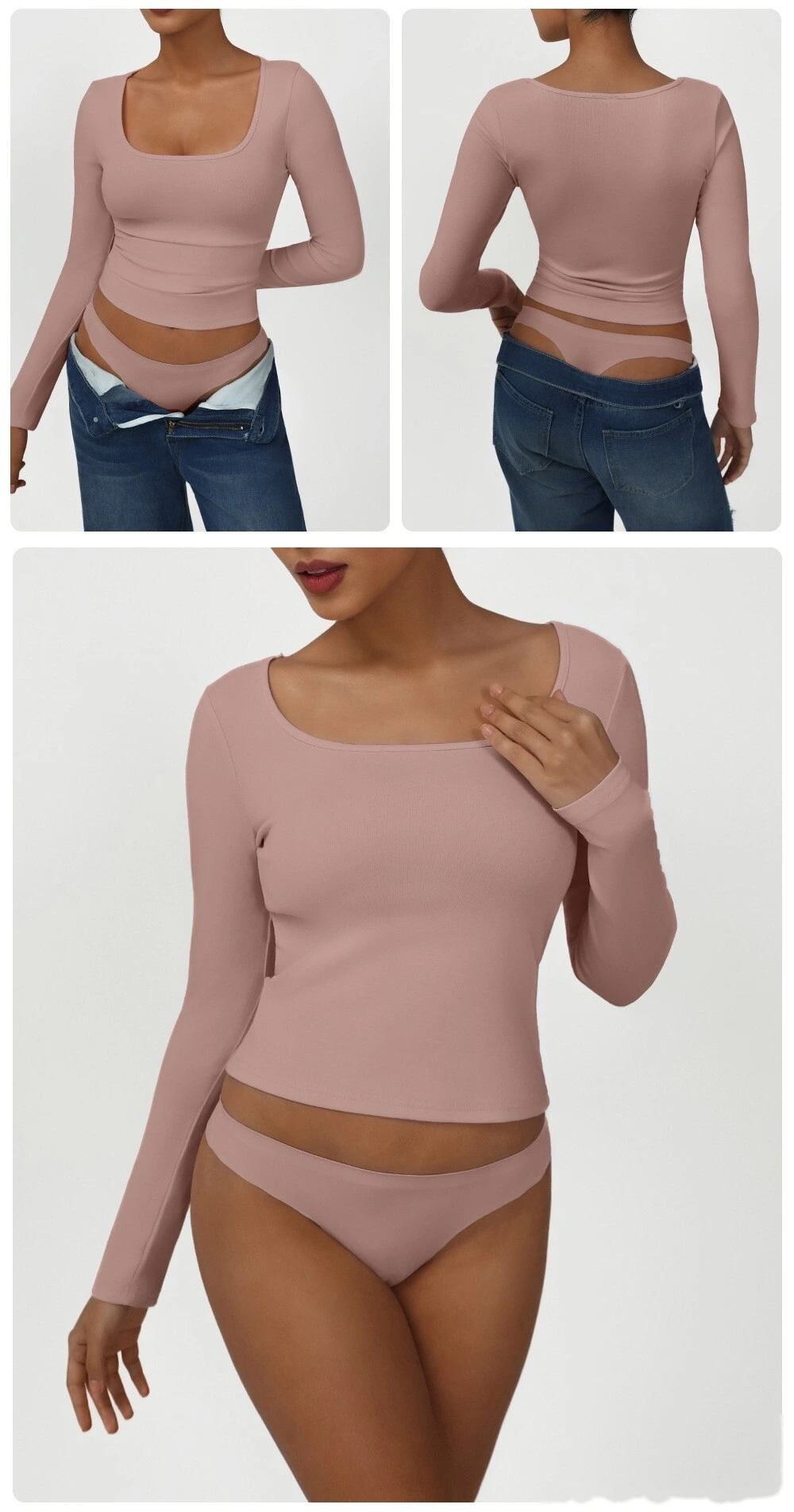 Customized high elastic tight T-shirt casual square collar sexy solid color long sleeve yoga sports shirt detail