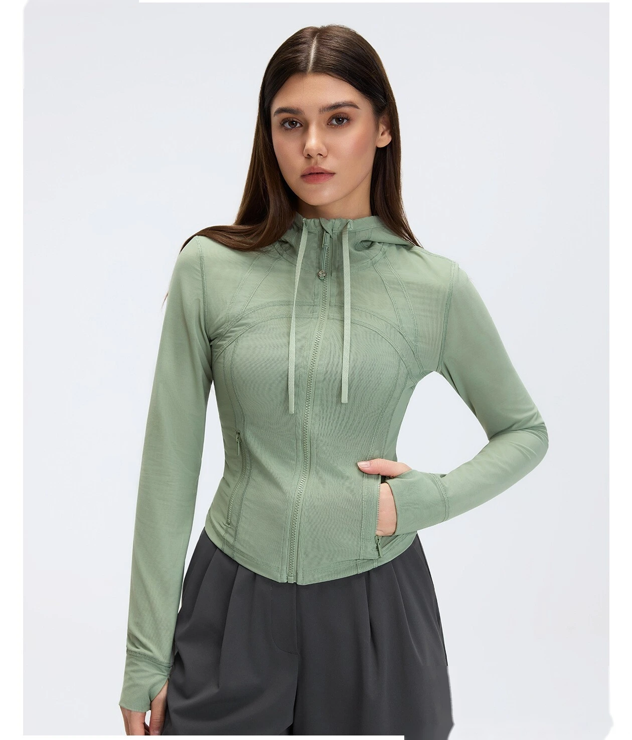 Custom Breathable Mesh Yoga Jacket - Women's Slimming Hooded Full-Zip Running Workout Fitness Jacket detail