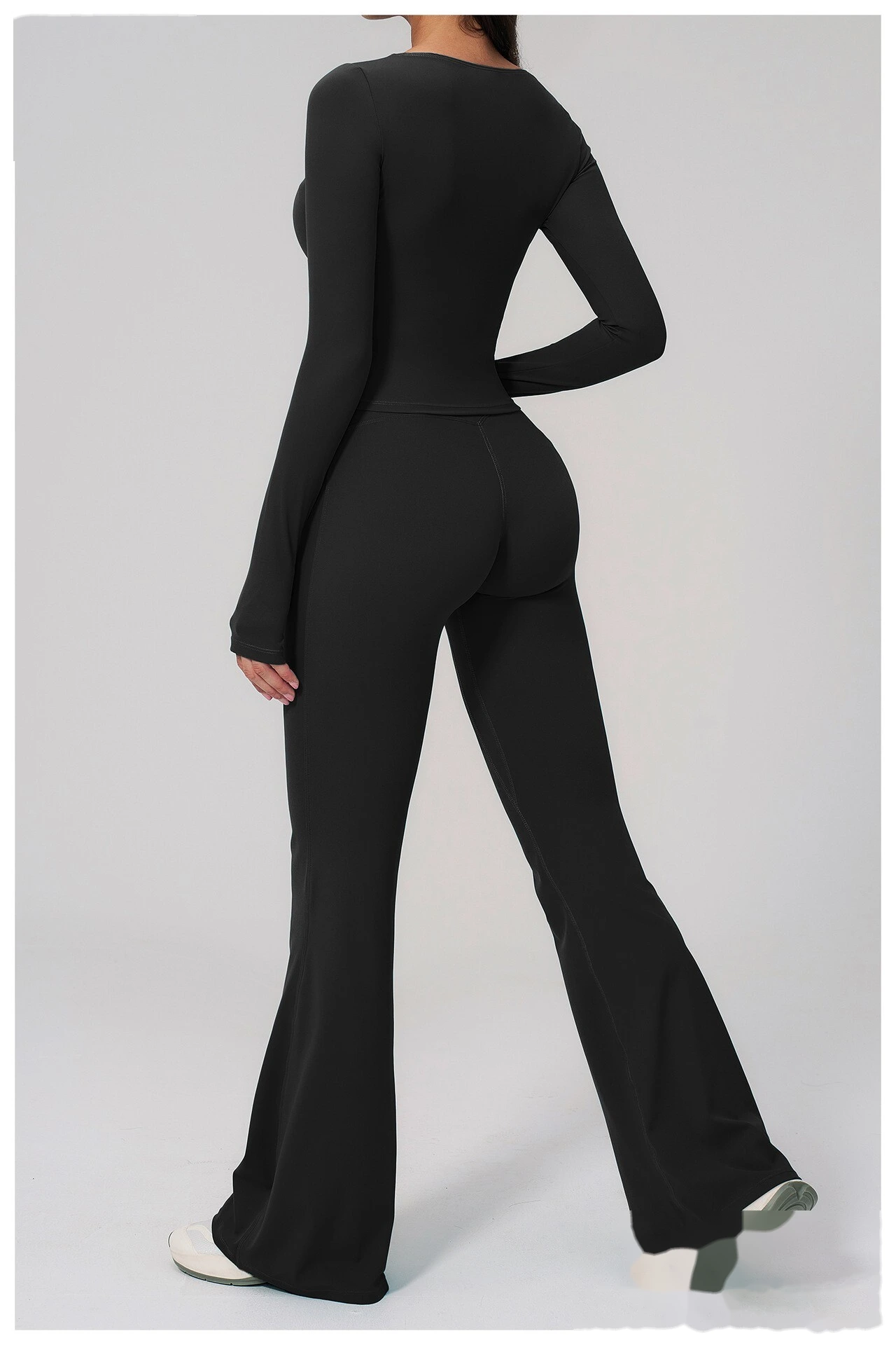 Women's Custom European Style Long Sleeve Sports Top High Waist Slim Hip Lifting Flared Pants Yoga Fitness Set detail