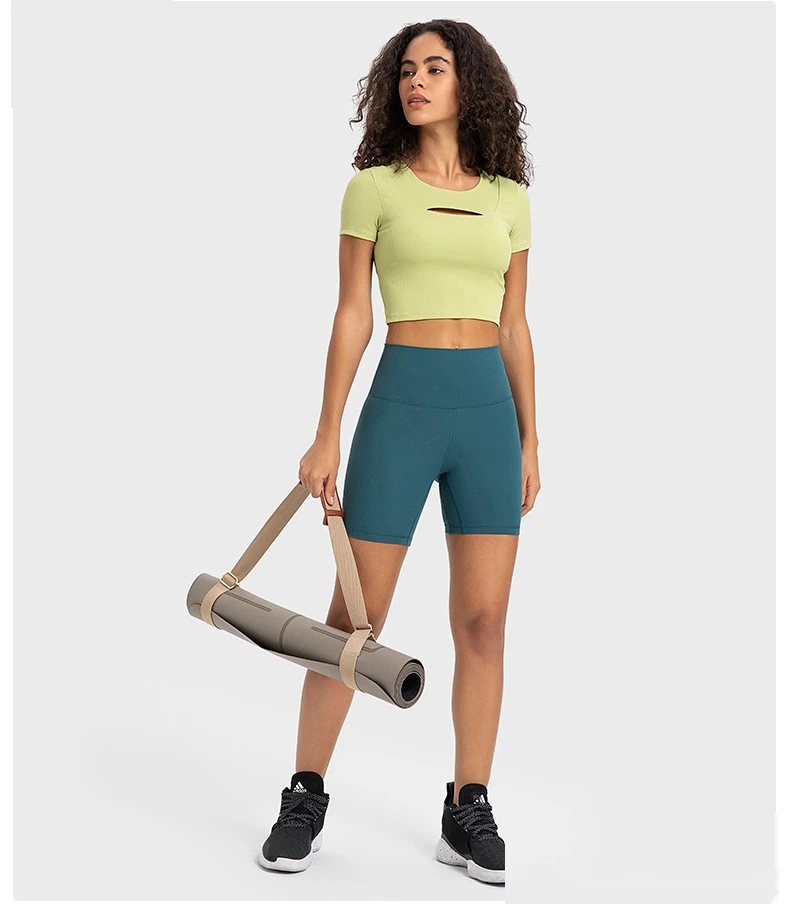 Customized rib sexy hollow short sports T-shirt women with chest pad slim yoga short sleeves detail