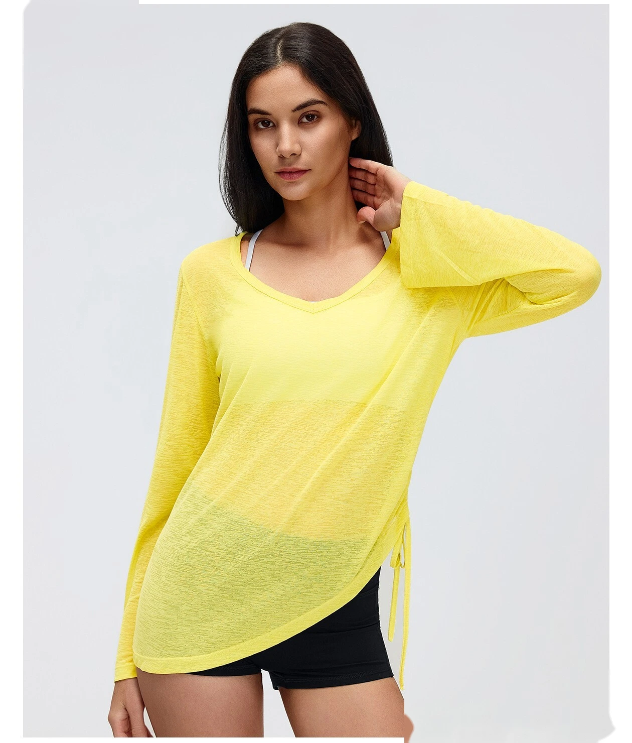 Women’s V-Neck Long Sleeve Yoga Shirt Drawstring Waist Slim Fit Casual Sports Tee Loose Cover Up detail