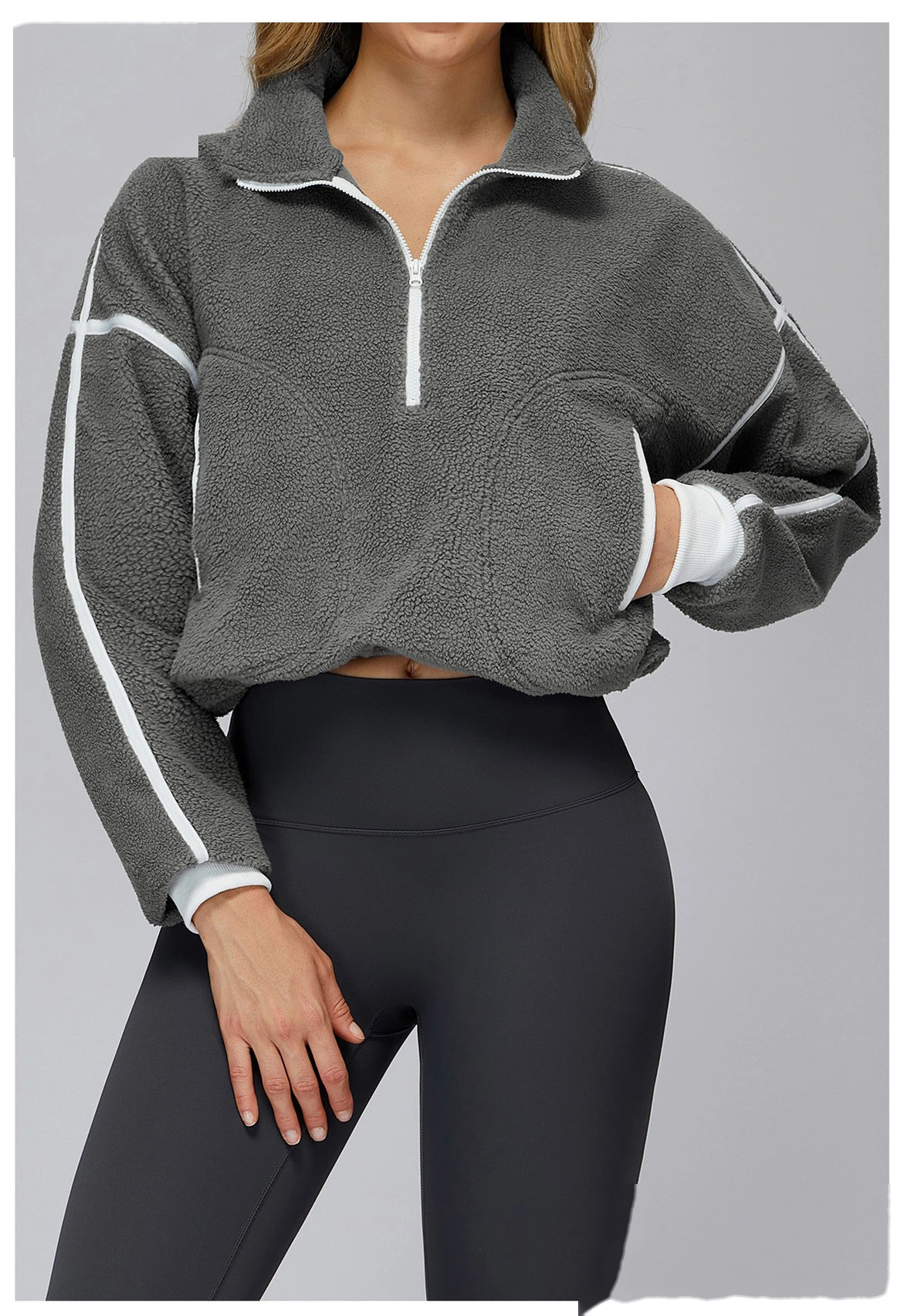 Customized autumn and winter stand-up collar windproof and warm polar fleece coat women's cashmere sports sweater detail