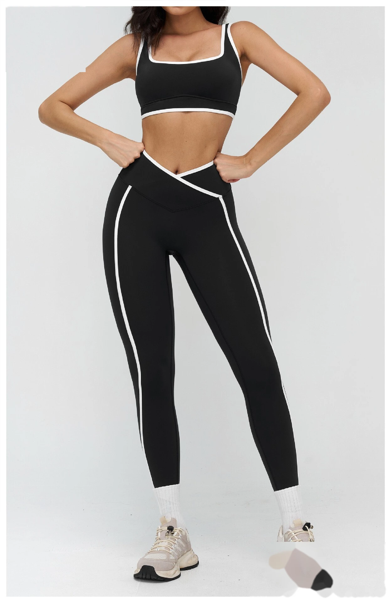 Custom Cross Waist Yoga Pants - Women's Buttery Soft Color Block Tight Running Fitness Leggings detail