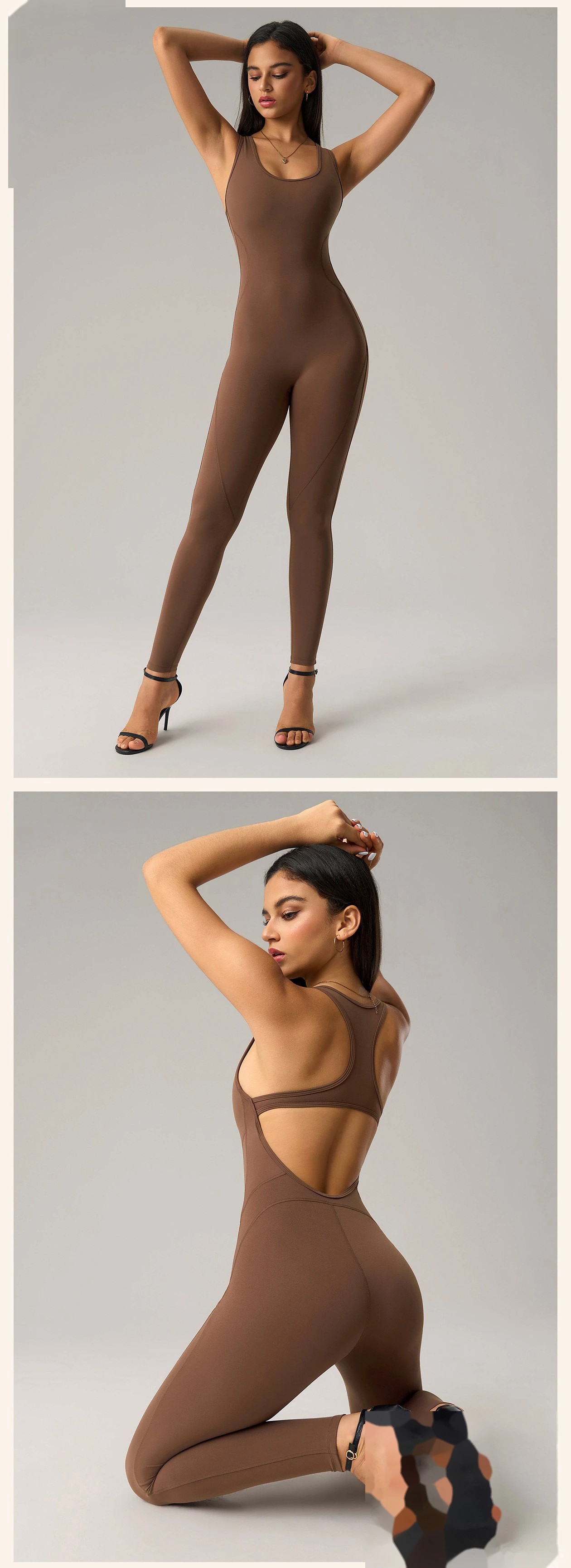 Women’s Custom Fake Two-Piece Camisole Yoga Jumpsuit Sexy Backless Butt Lifting Fitness Bodysuit detail