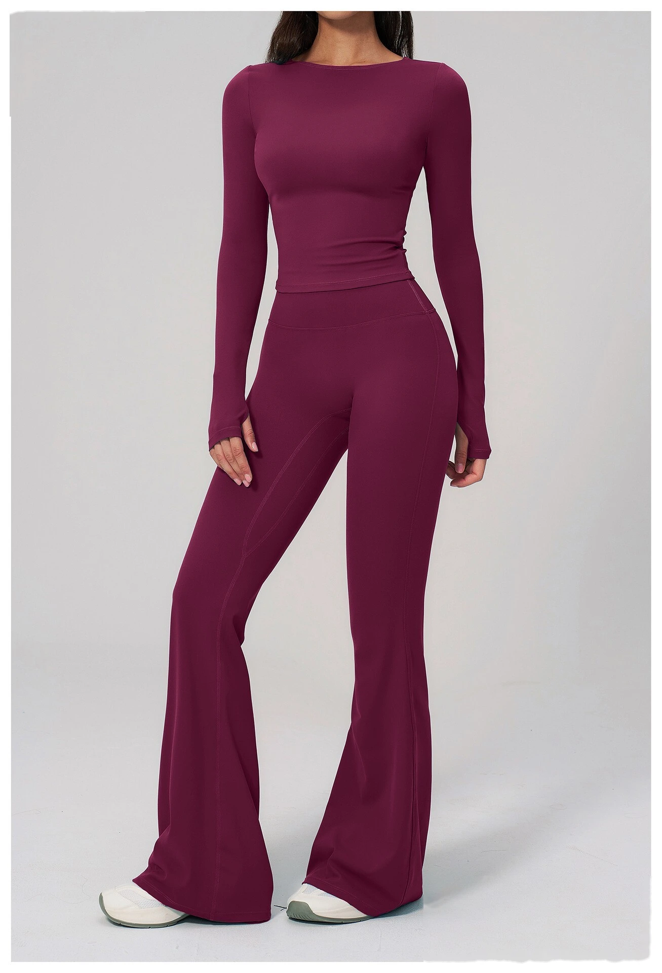 Women's Custom European Style Long Sleeve Sports Top High Waist Slim Hip Lifting Flared Pants Yoga Fitness Set detail