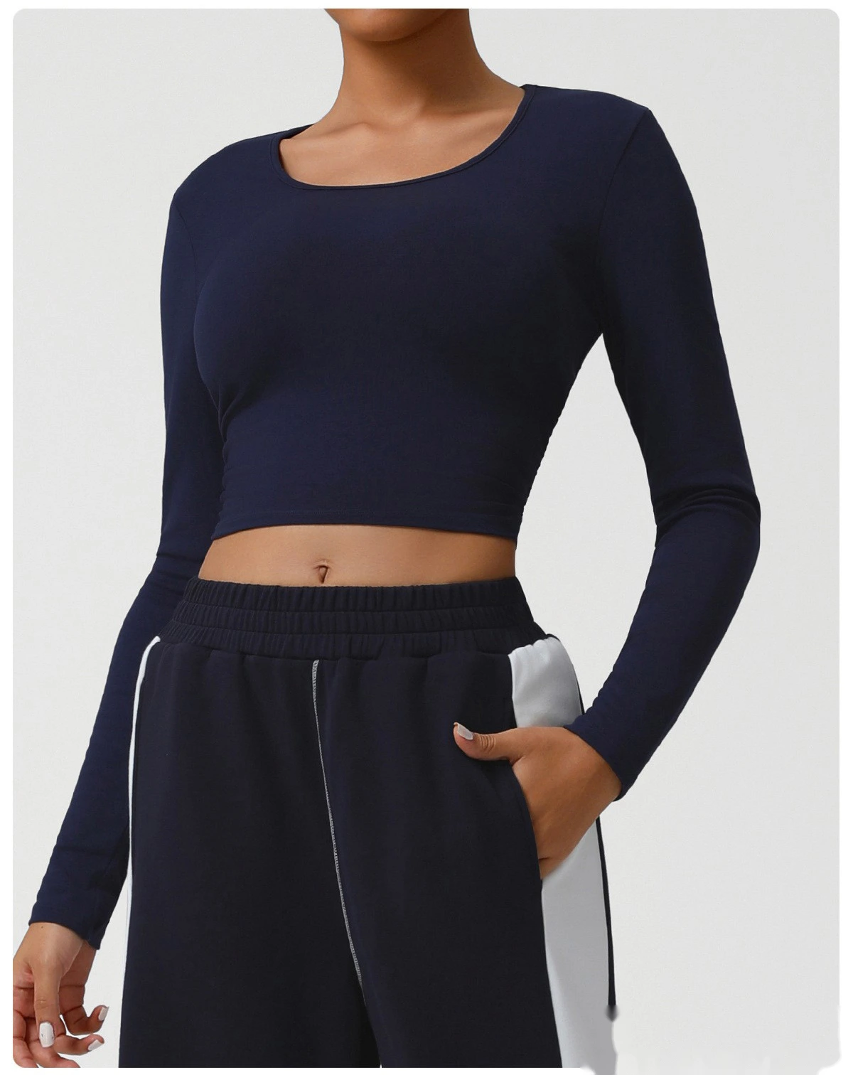 Custom-made threaded short yoga clothes female umbilical slim running autumn sports long sleeve T-shirt top. detail