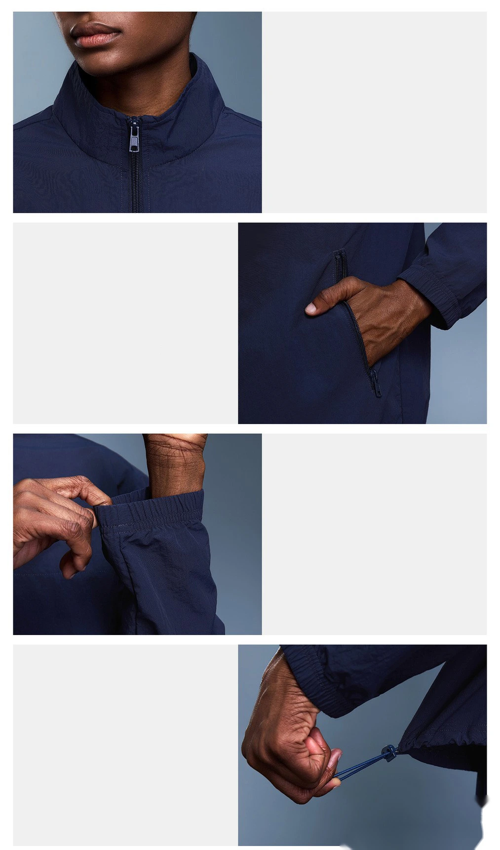 Custom-made waterproof outdoor fitness coat for women with windproof stand-up collar in autumn. detail
