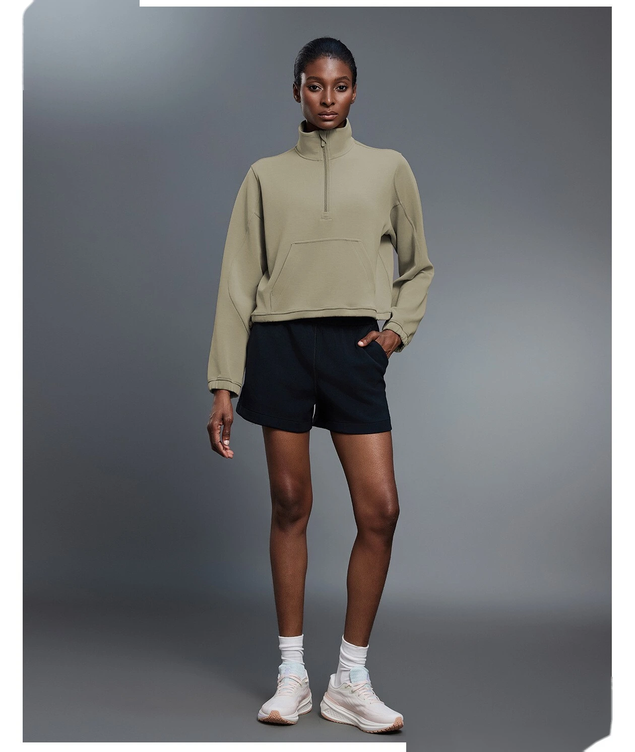 Women's Windproof Stand Collar Half-Zip Sweatshirt - Customizable Loose Drawstring Hem Fitness & Casual Sports Wear detail