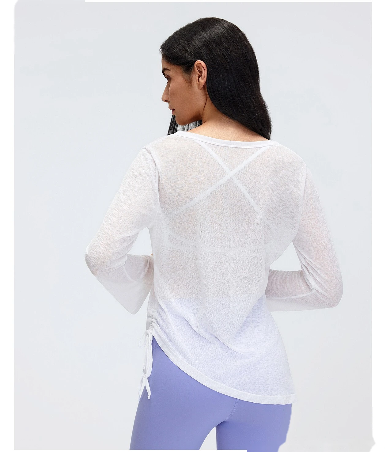 Women’s V-Neck Long Sleeve Yoga Shirt Drawstring Waist Slim Fit Casual Sports Tee Loose Cover Up detail
