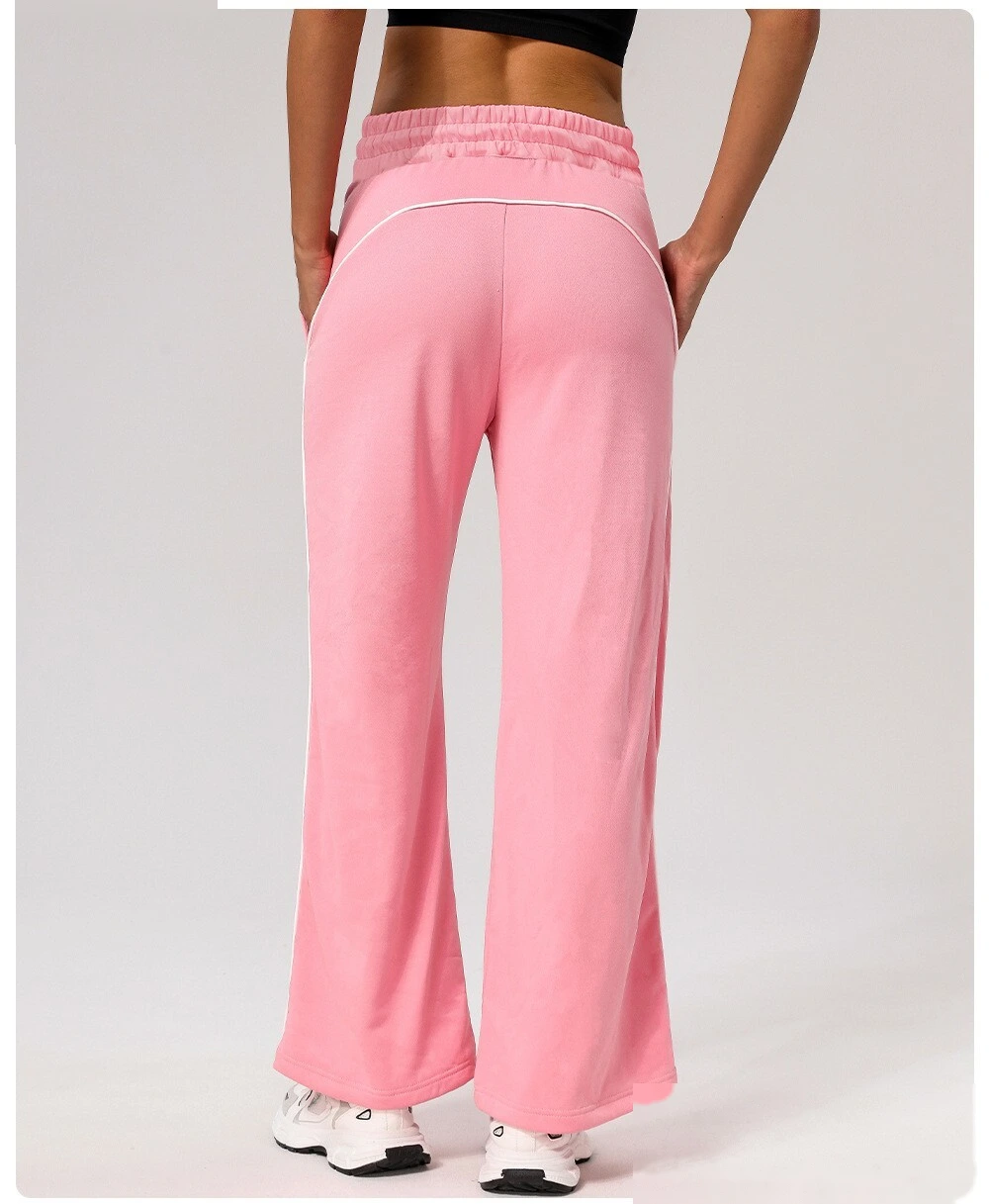 Custom leisure sports pants contrast American loose straight pants women's pocket yoga hip fitness wide-leg pants detail