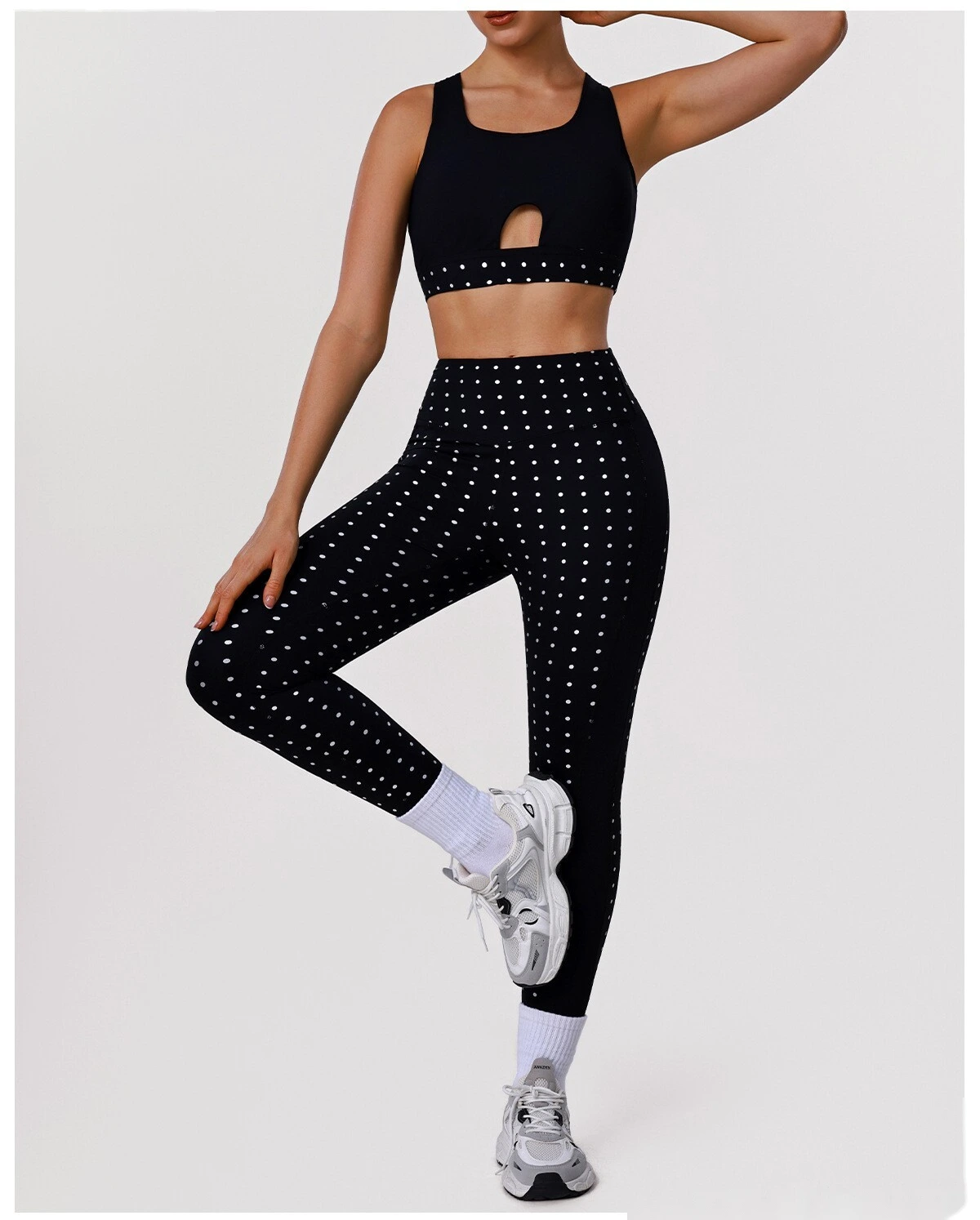 Bulk Custom Polka Dot Activewear Set - Open Back Bra & High-Waisted Tummy Control Yoga Pants detail