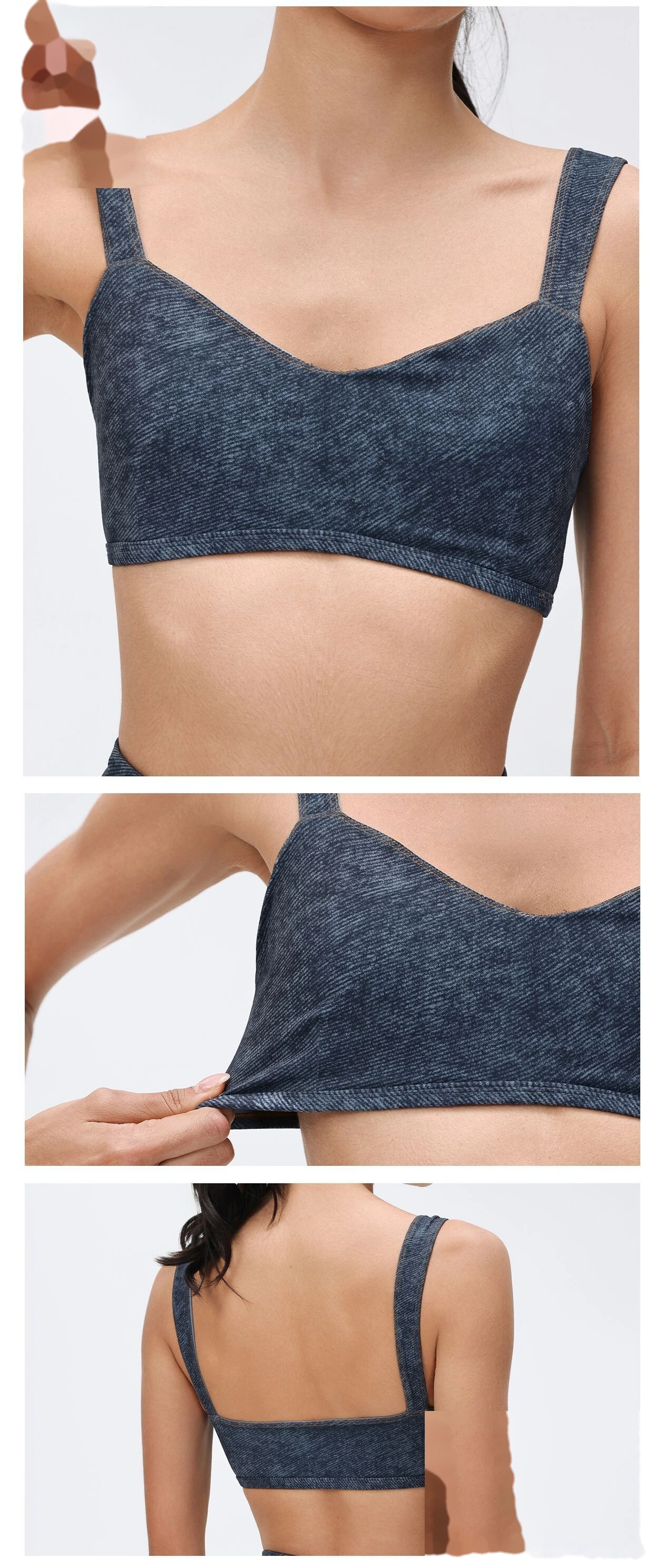 Bulk Custom Strappy Denim Yoga Bra - High-Stretch Shockproof Fitness Sports Bra for Women detail