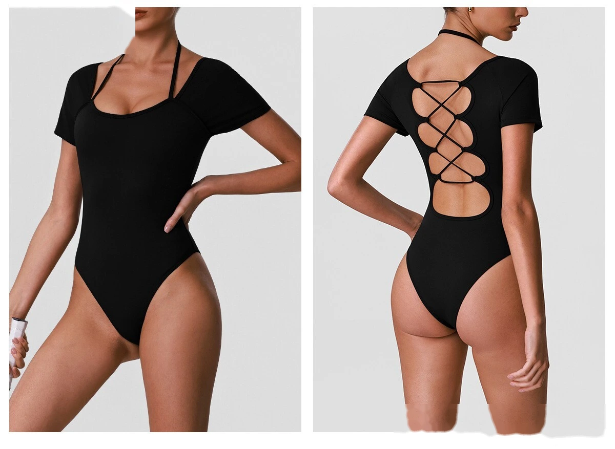 Cross Cutout Back One Piece Yoga Suit, Integrated Chest Pad Slimming Quick Dry Pilates Fitness Jumpsuit detail