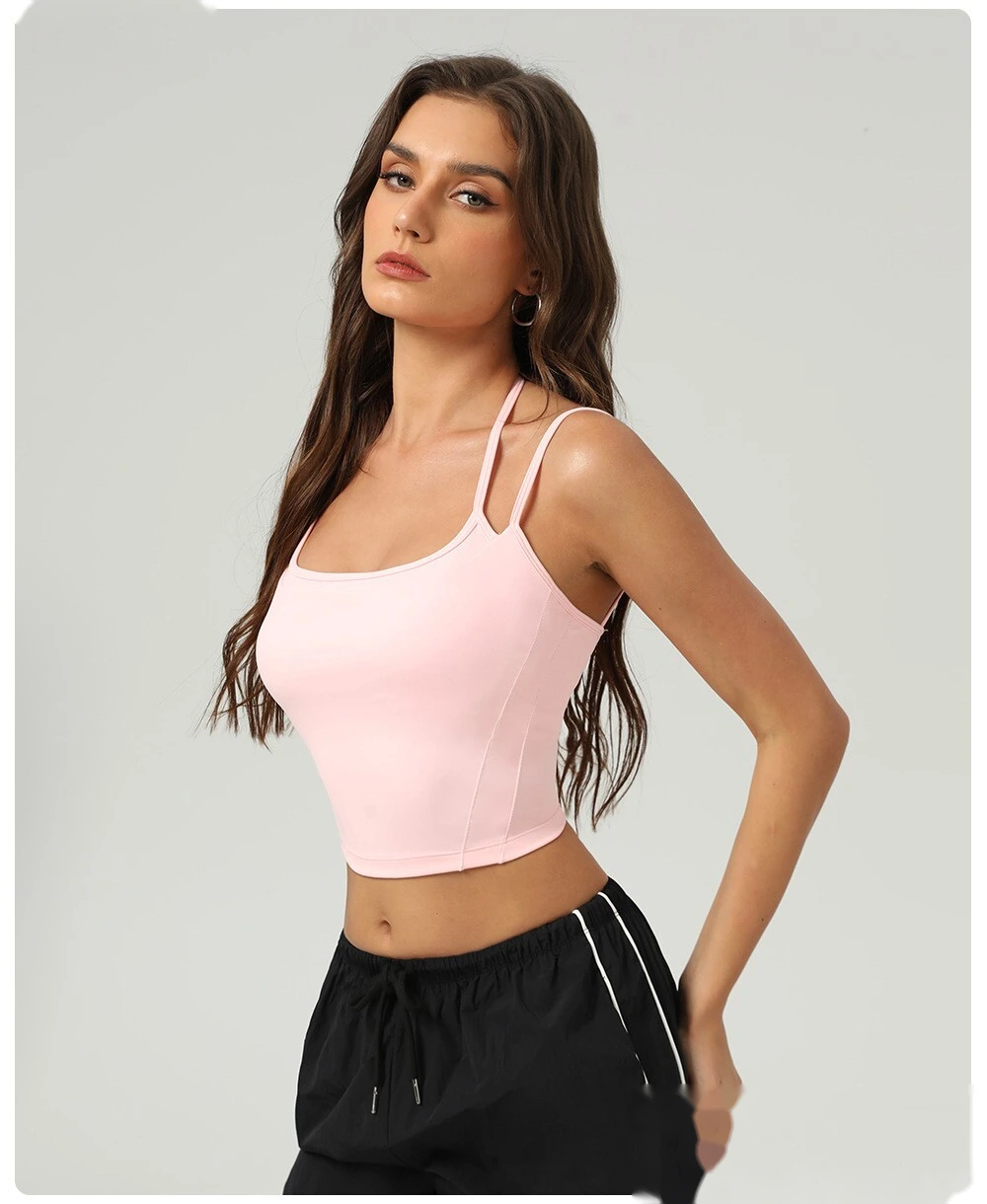Customized nude contrast top tight waist outdoor sports bra women's thin shoulder strap vest suspender bra detail