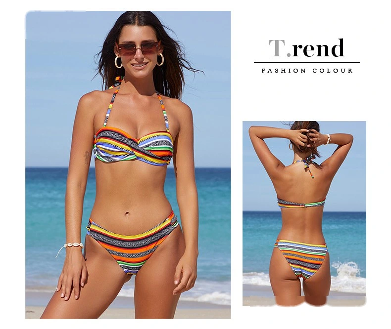 Womens bikini swimsuit stripe halter two-piece bathing suits detail